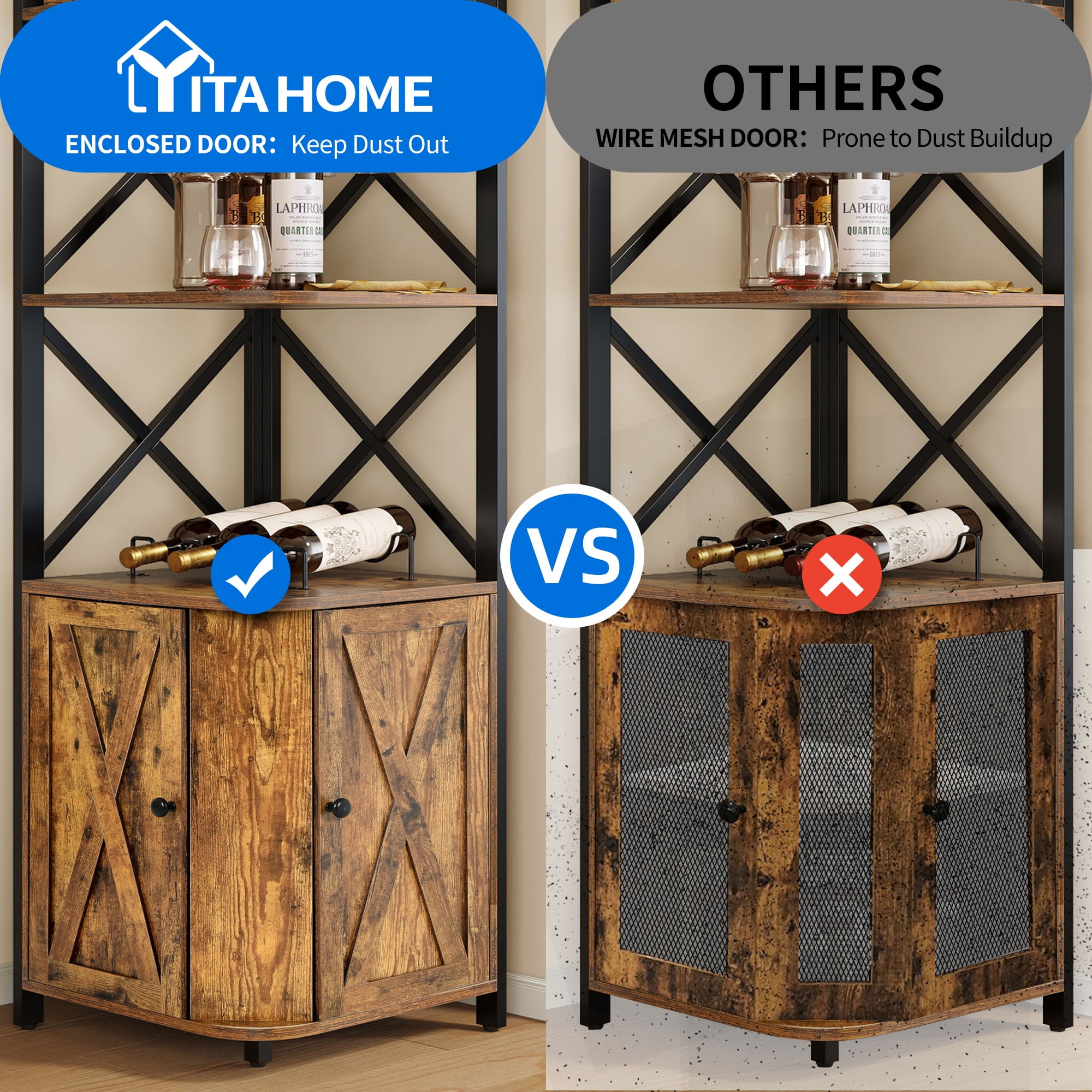 Dextrus Corner Bar Cabinet with Wine & Glass Rack, Storage Cabinet & Adjustable Shelf, Rustic Brown - Image 5