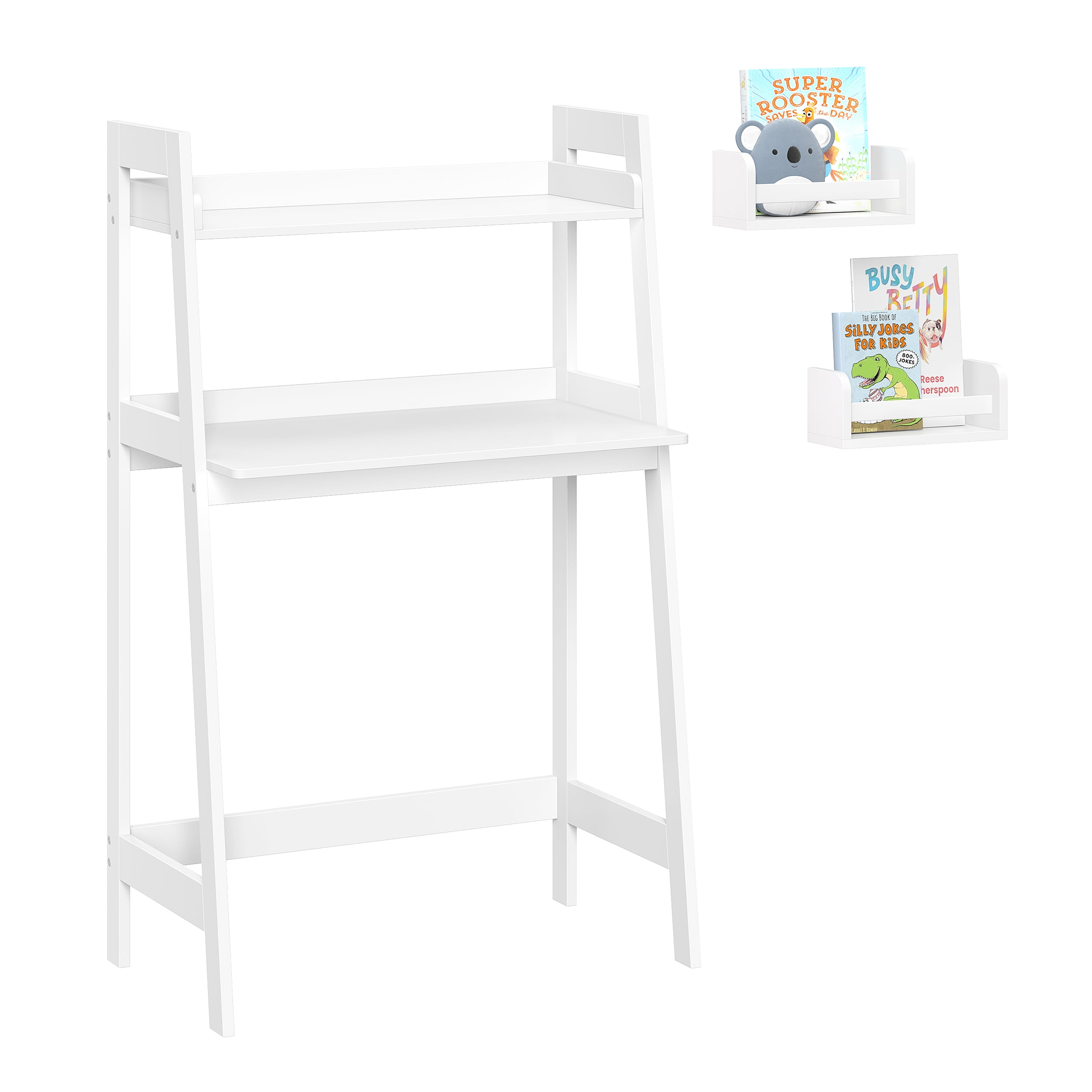 RiverRidge Kids Art Table Desk with Ladder Shelf and Open Storage Shelf for Playroom - White with 2 10" Floating Bookshelves - Image 9