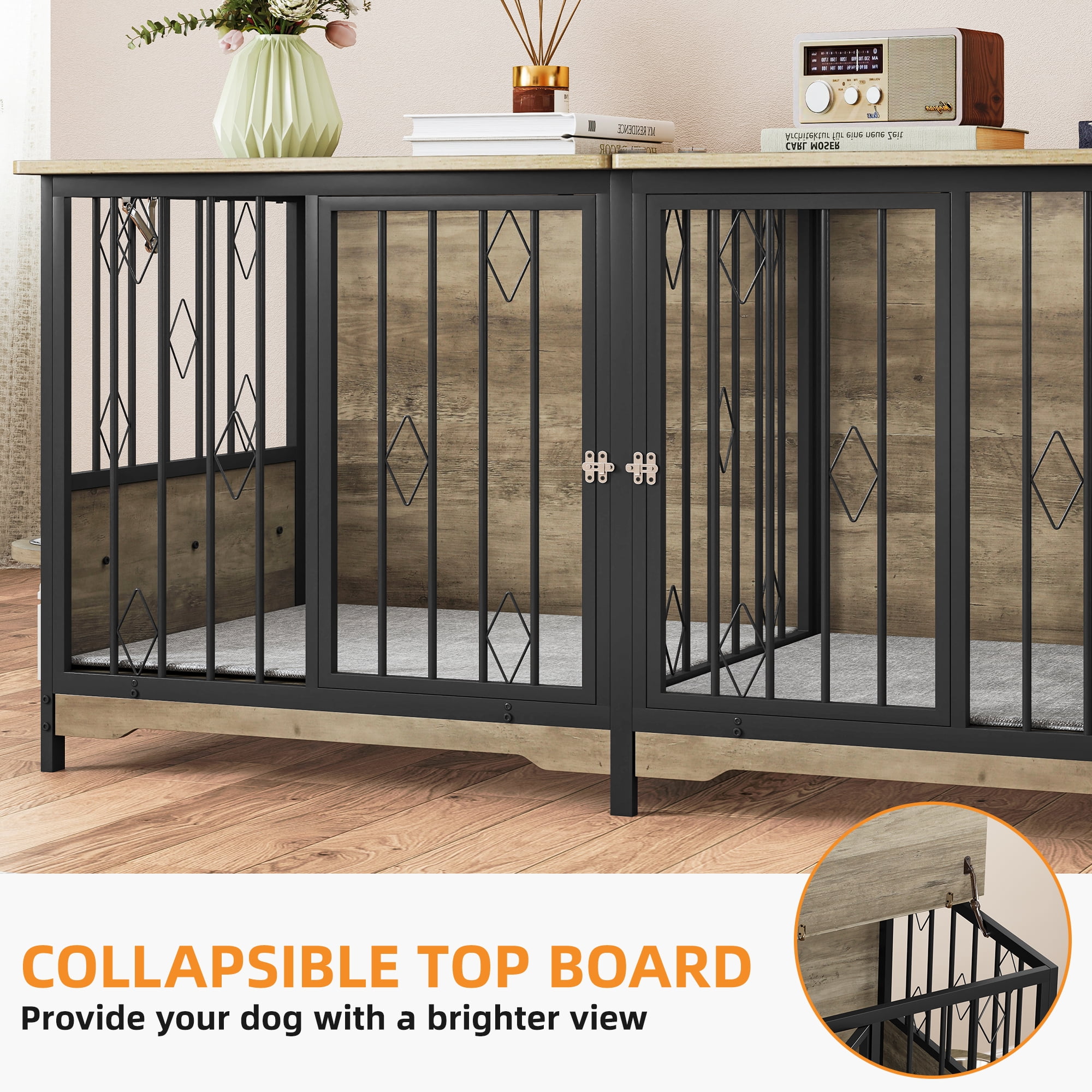 Uforic 71" Large Dog Crate Furniture, Heavy Duty Wooden Double Dog Kennel with with Removable Divider,Dog Cage with 4 Rotatable Bowls&2 Cushions, for Medium Large Dogs,Gray - Image 5