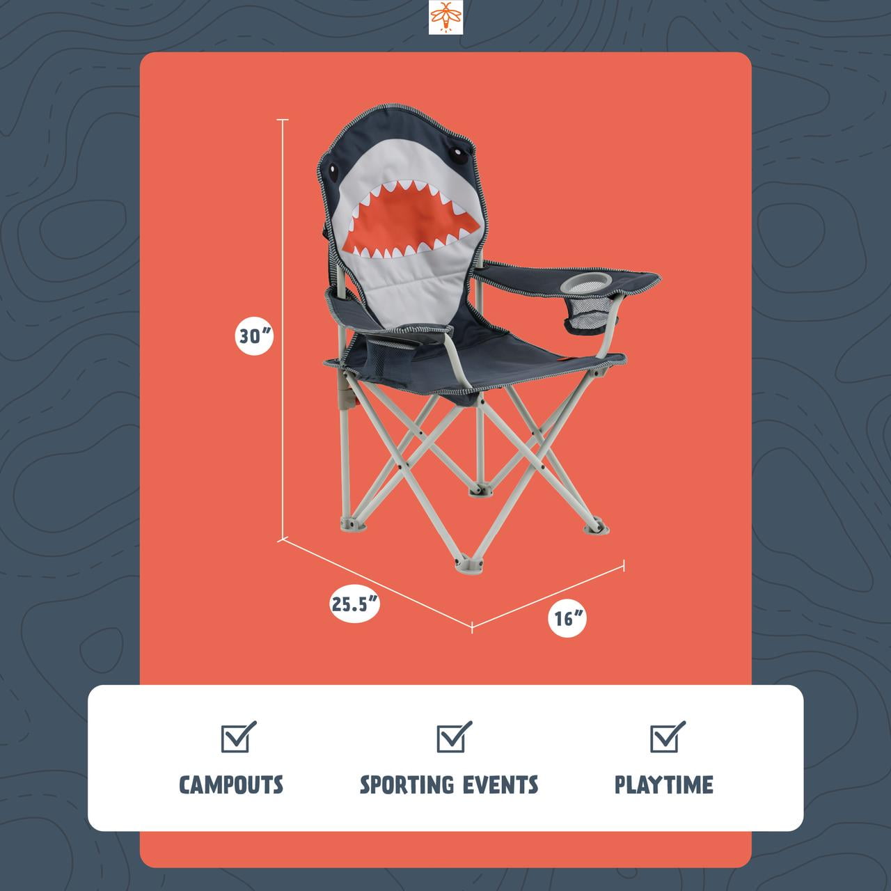 Firefly! Outdoor Gear Finn the Shark Kid's Camping Chair - Navy/Orange/Gray Color - Image 8