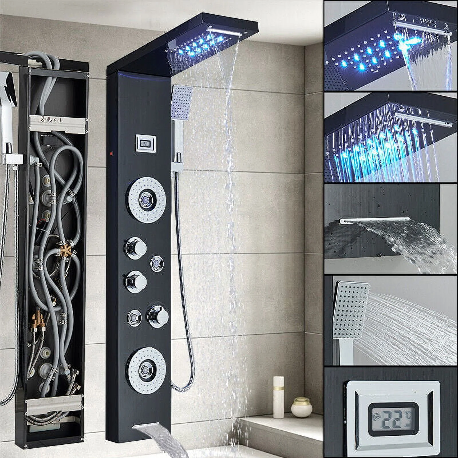 Zovajonia LED Shower Panel Tower System, Multi-Functions Shower Tower, Waterfall Showerhead, Shower Jets, Stainless Steel Rain Shower System Oil Rubbed Bronze - Image 9