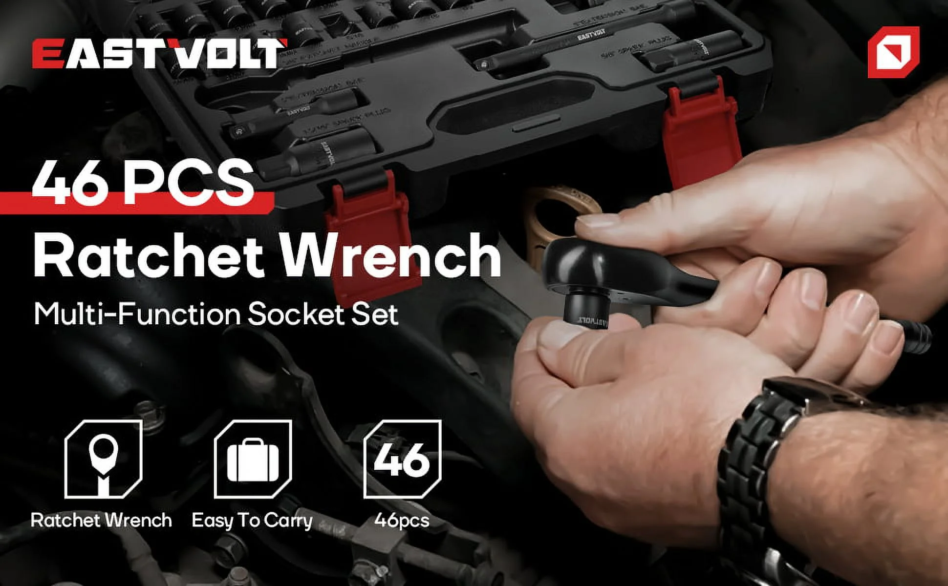 Eastvolt Mechanic Tool Kit, Drive Socket Set, 46 Pieces, with 72 Teeth Reversible Ratchet, Metric/SAE - Image 2