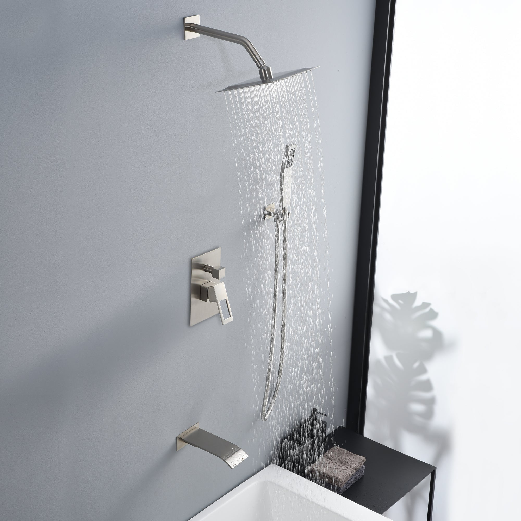 Shower System Brushed Nickel Tub Shower Combo Waterfall Spout Faucet with Pressure Balance Valve - Image 4