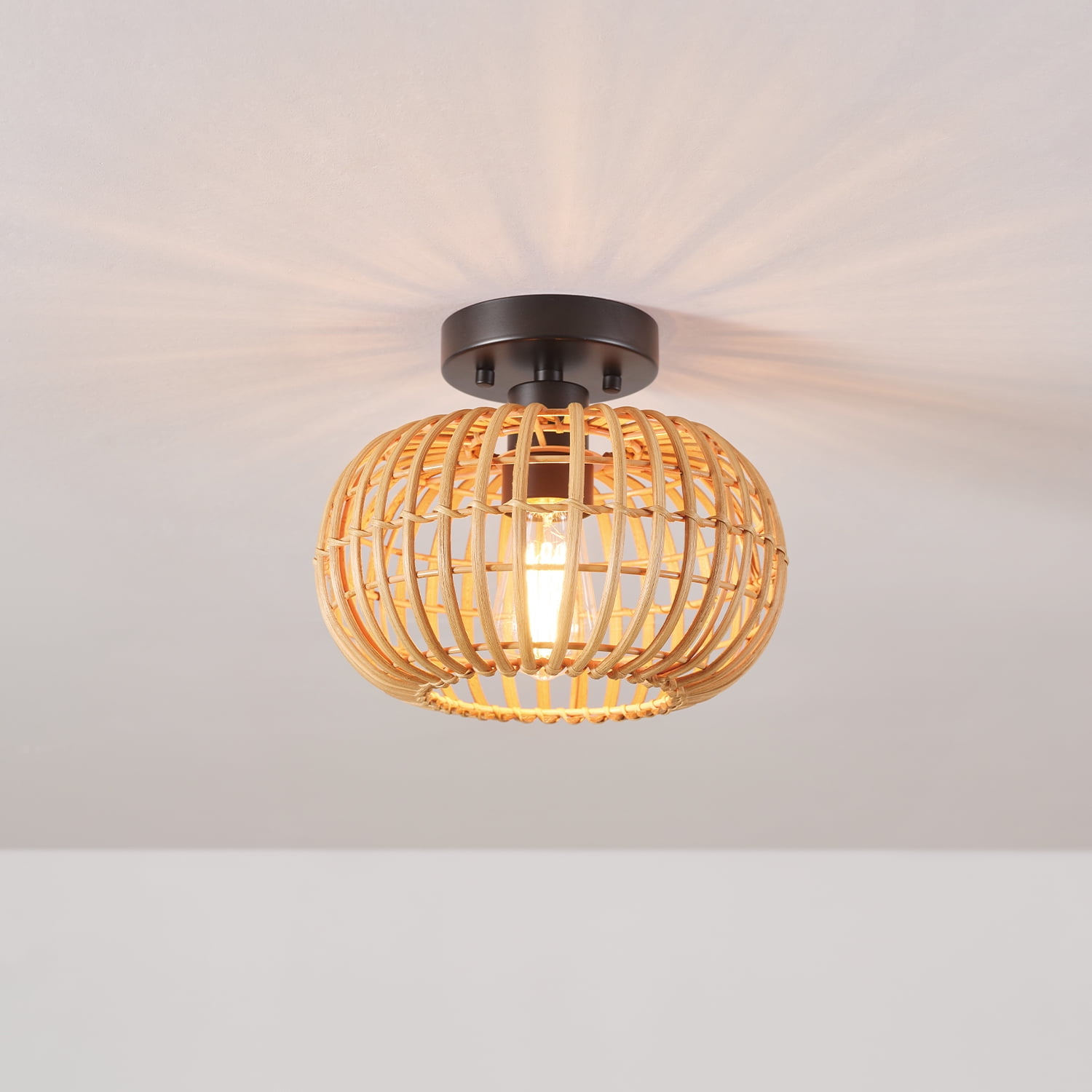 Globe Electric Fitz 1-Light Black Flush Mount Ceiling Light with Rattan Shade, 91000921 - Image 2