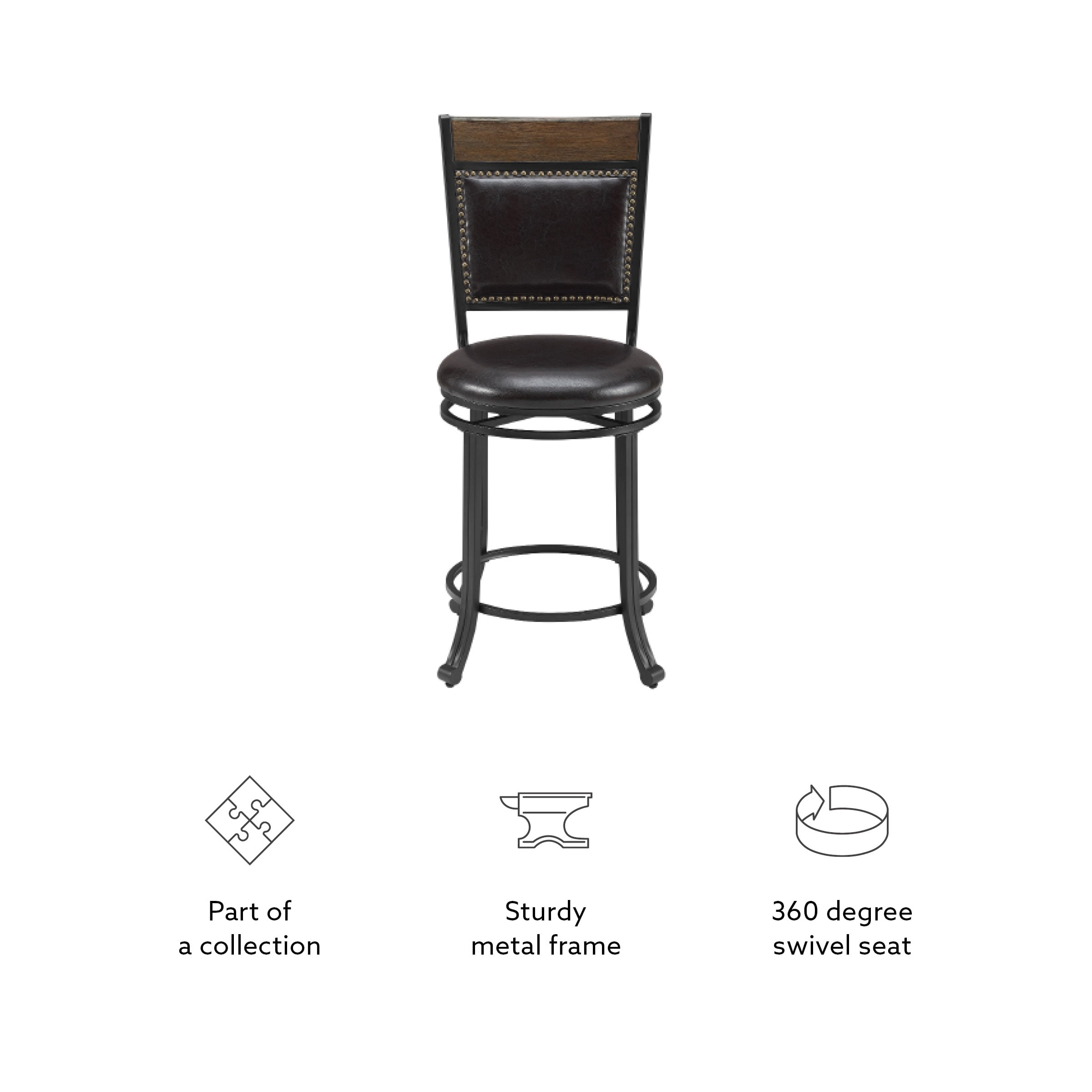 Powell Holloway 24" High Back Indoor Rund Metal Counter Stool with Swivel, Black/Dark Brown Faux Leather - Image 7