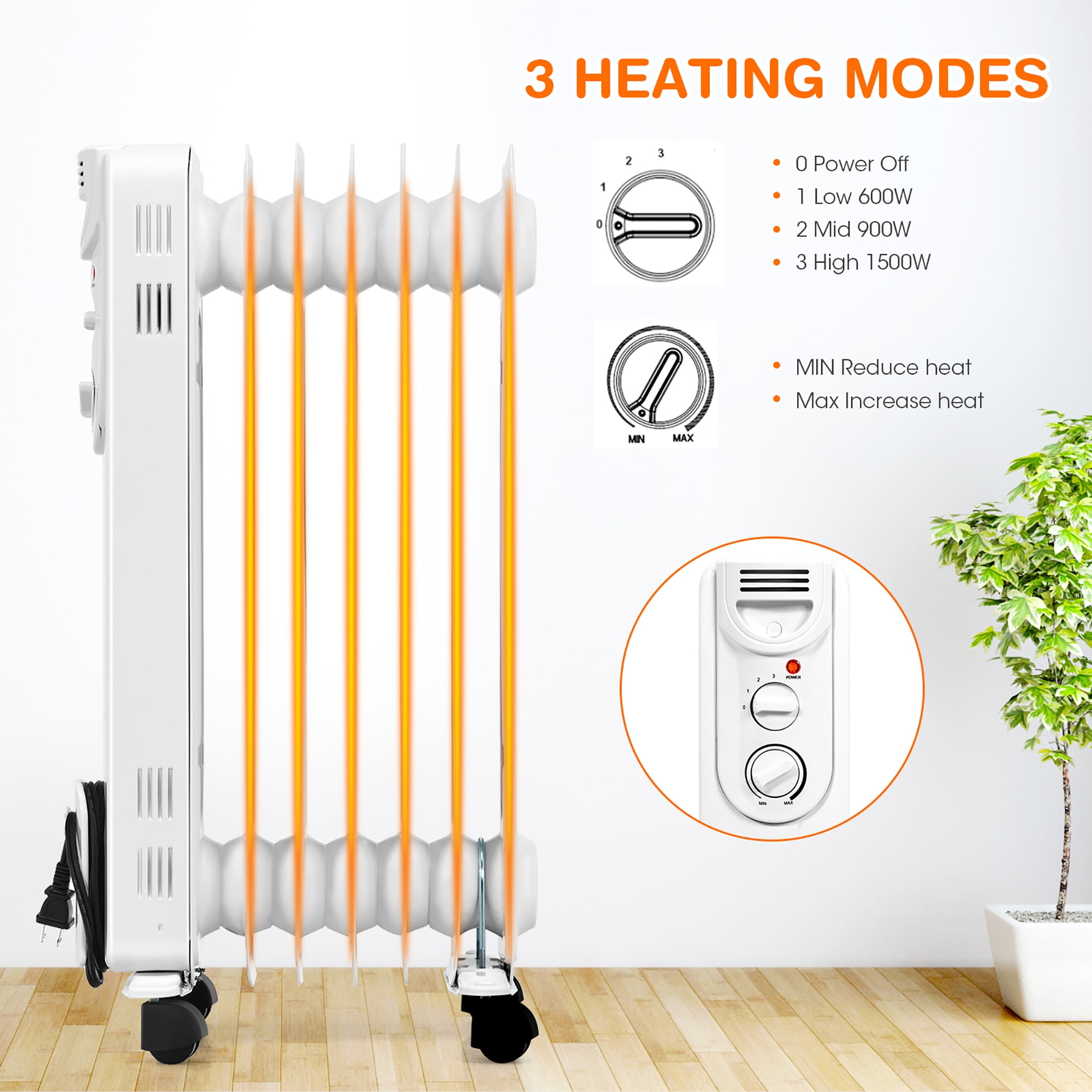 Costway 1500W Electric Oil Filled Radiator Space Heater 5-Fin Thermostat Room Radiant - Image 9