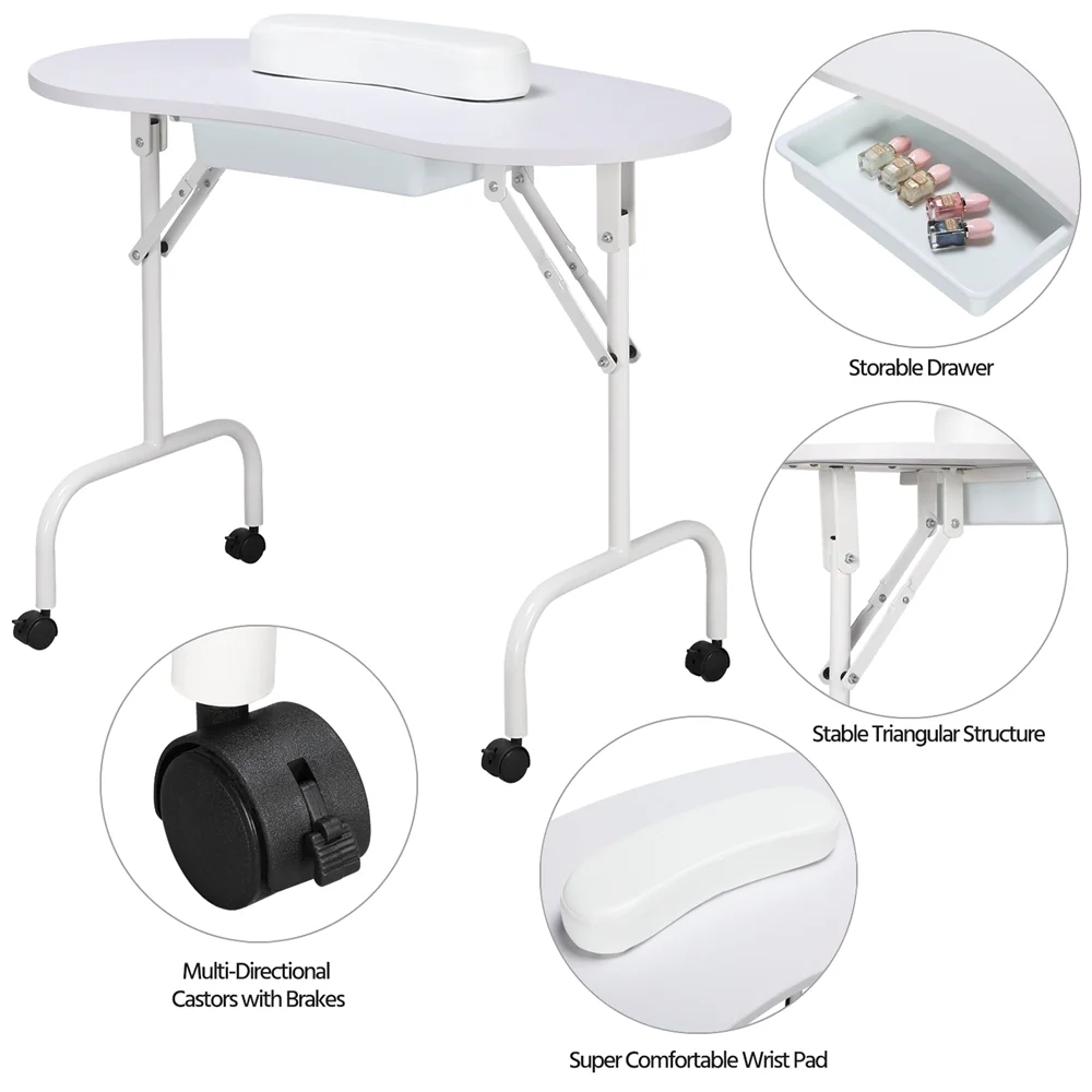 Alden Design Folding Manicure Table Nail Beautician Desk with Lockable Wheels & Bag - Image 5