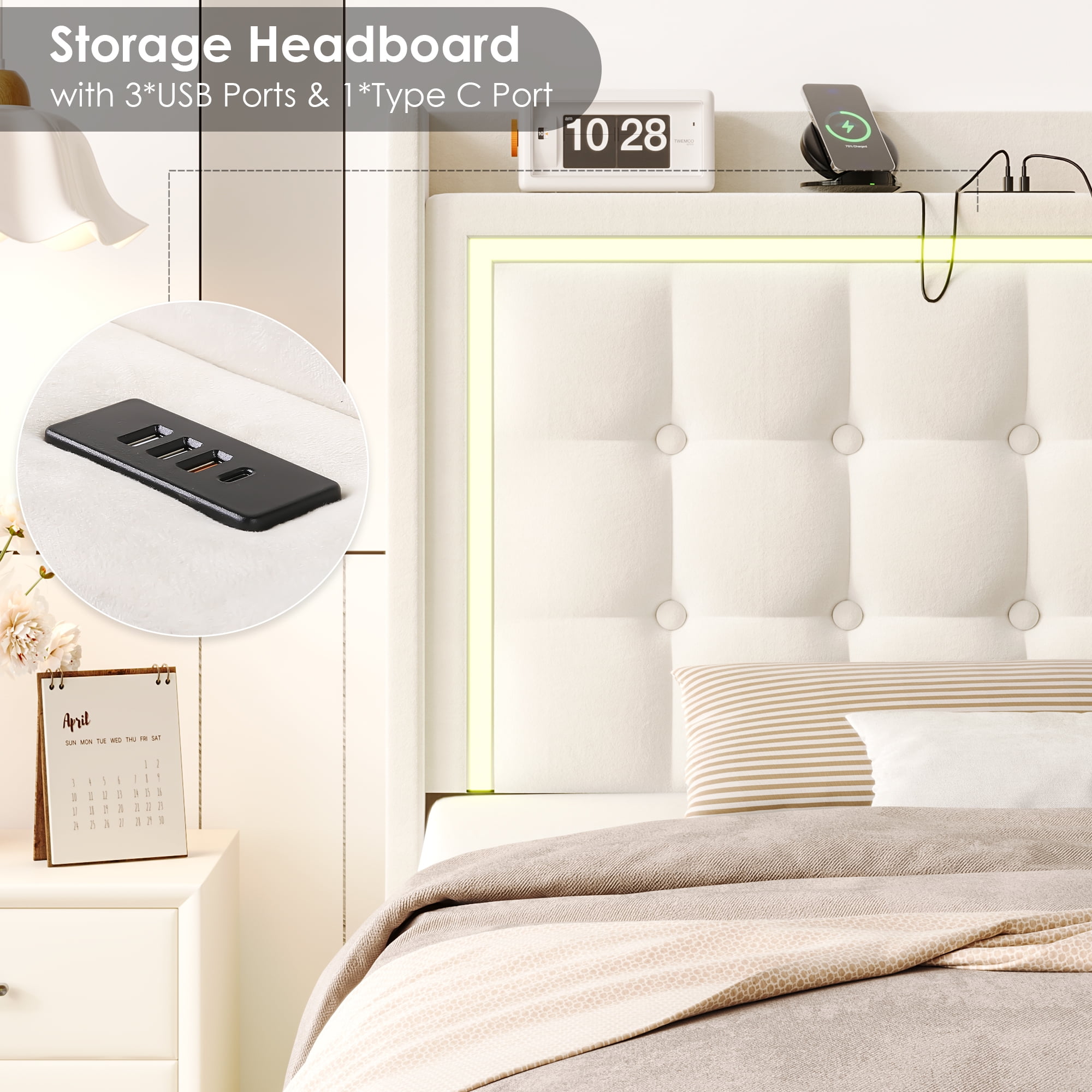 Homfa Twin Size Floating Bed Frame with RGB LED Lights Charging Station, Modern Velvet Upholstered Platform Bed Frame with Storage Headboard, Off-White - Image 5