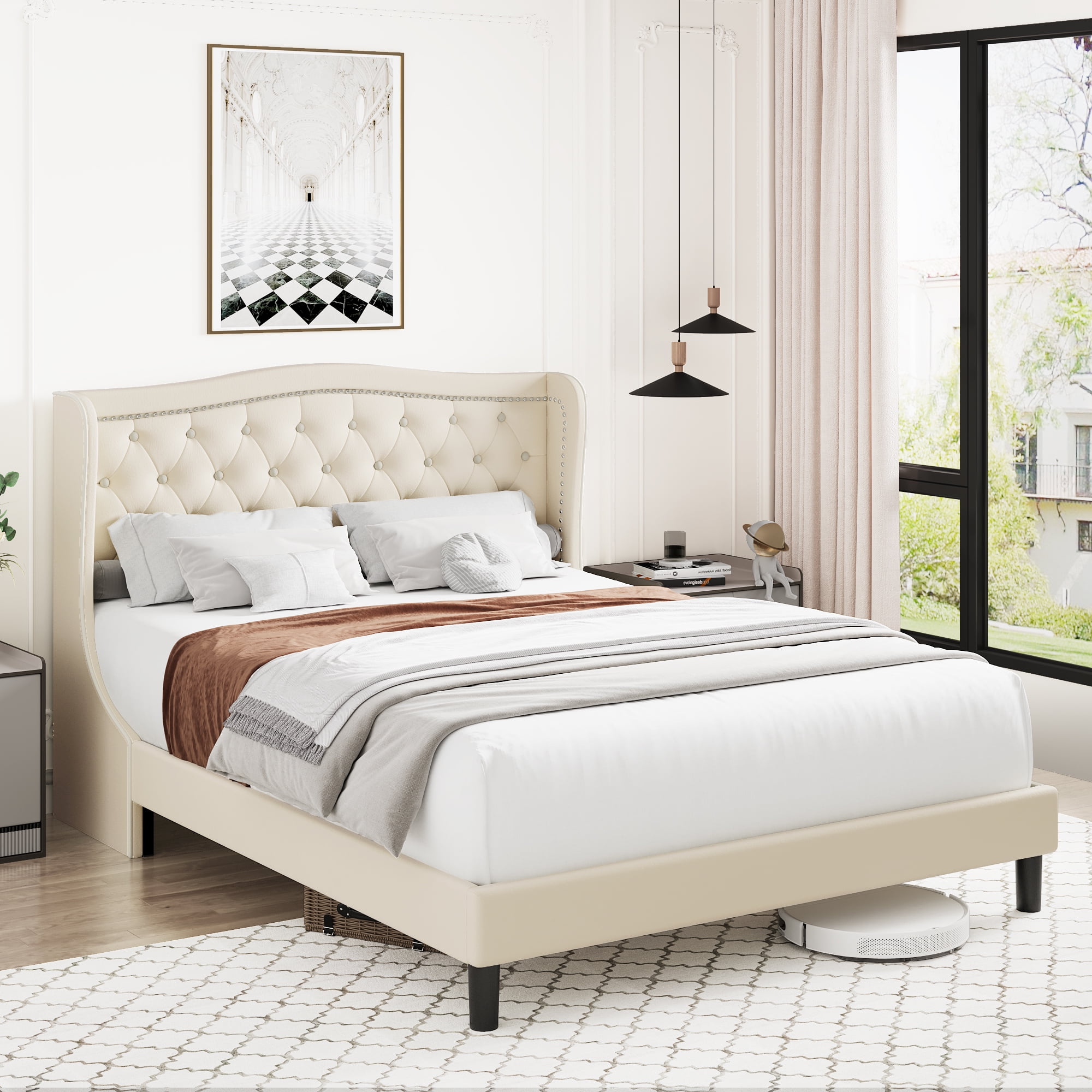 Homfa Full Size Bed, Modern Velvet Fabric Platform Bed Frame with Wing Back Tufted Upholstered Headboard, No Box Spring Needed, Beige - Image 4