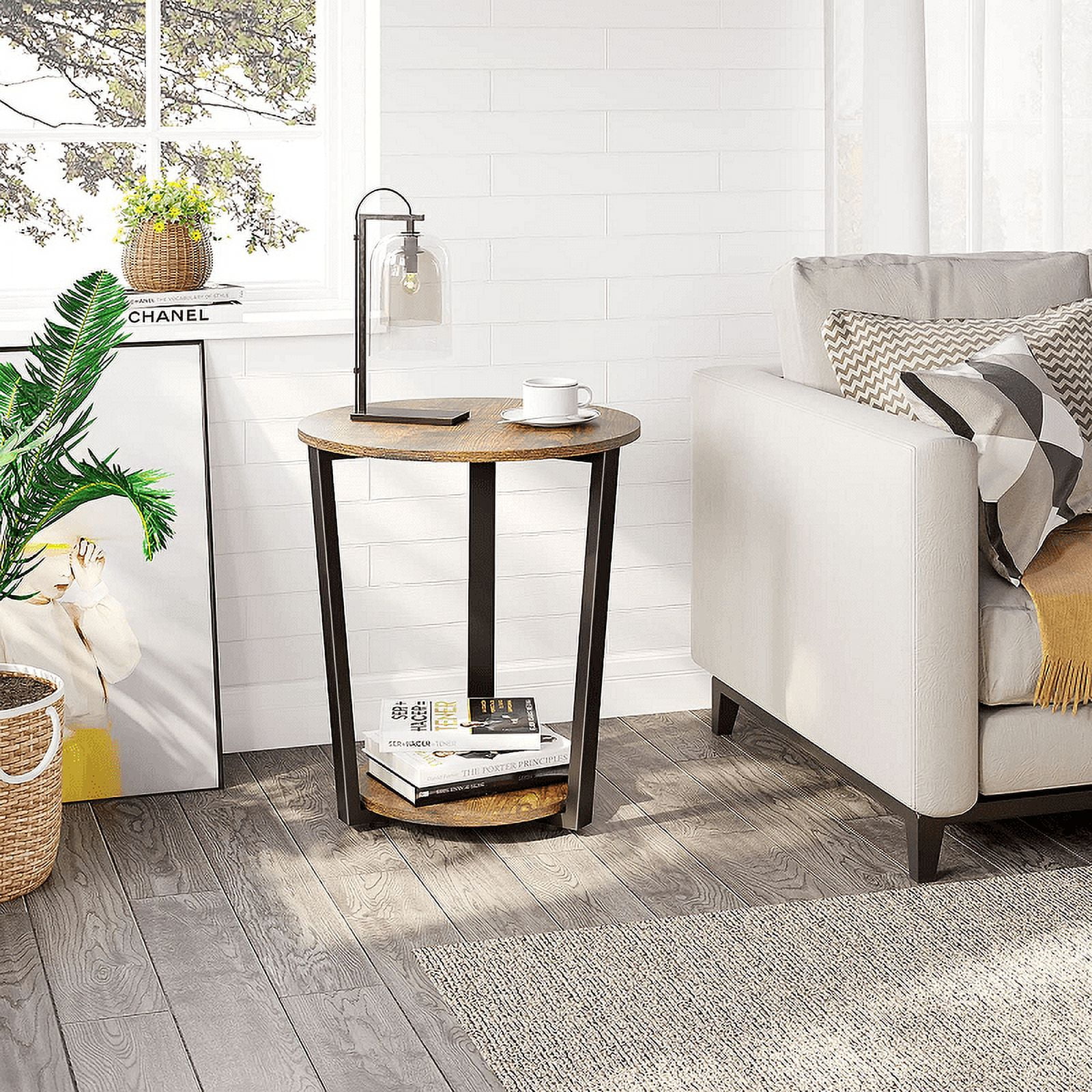 Small Round 2 Tier Wooden Side End Table for Small Spaces Bedroom Living Room Accent Tables Nightstand 22 Inch Height, Brown and Black Frame - Image 8