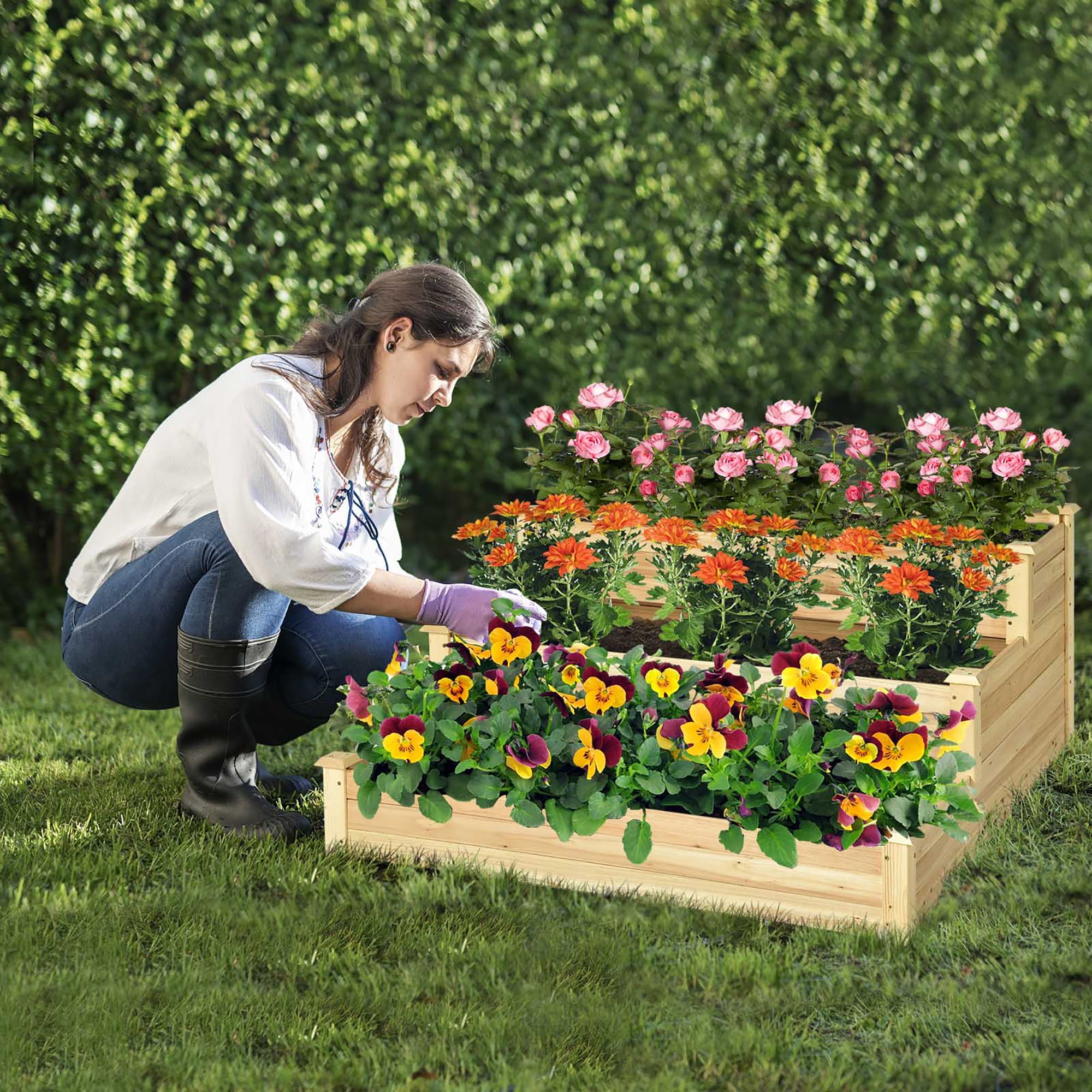 Costway 3-Tier Raised Garden Bed Wood Planter Kit for Flower Vegetable Herb 48x 48x 22in - Image 9