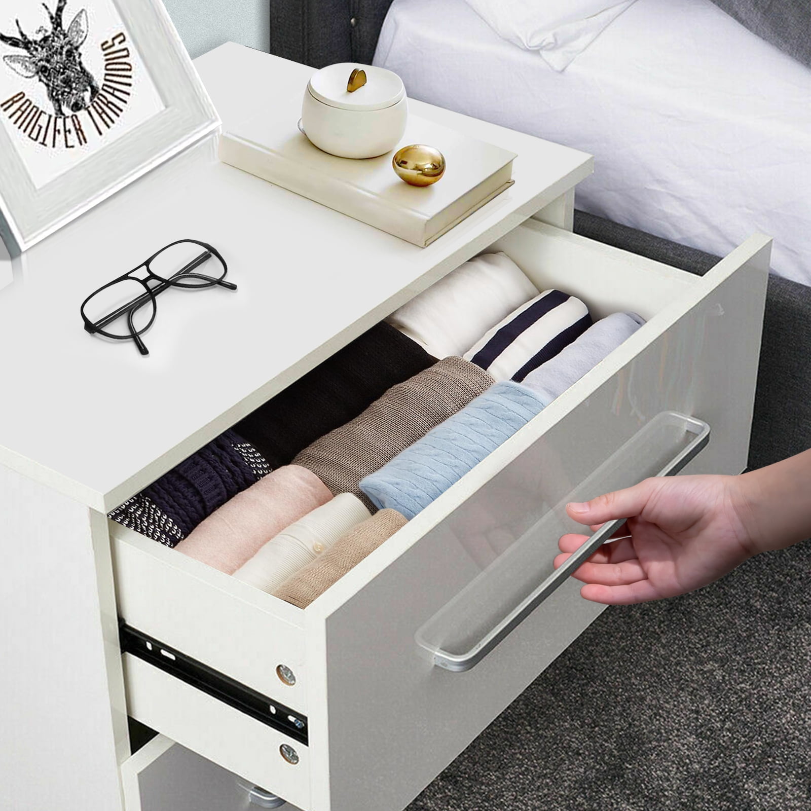 Hommpa Modern LED Nightstand with 2 Drawers High Gloss Bedside Table Led Lights White Night Stand with Handles Drawer Wooden Led End Side Table for Bedroom 19.7" Tall - Image 6