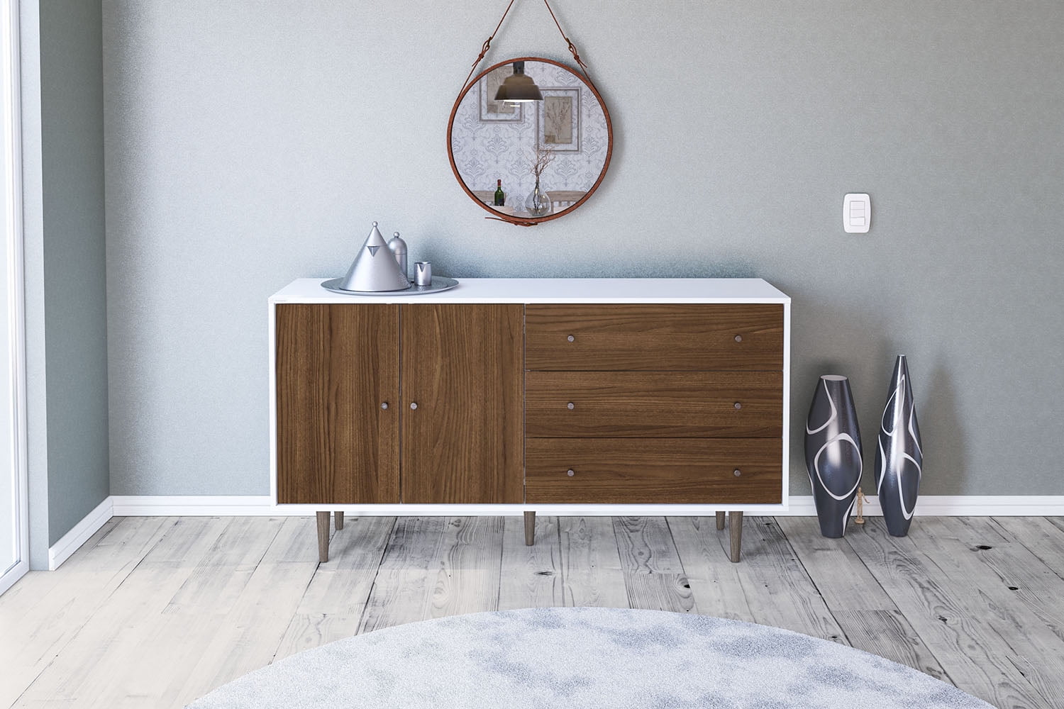 Polifurniture Pasadena Modern Sideboard with 2 Doors and 3 Drawers, White & Walnut - Image 13