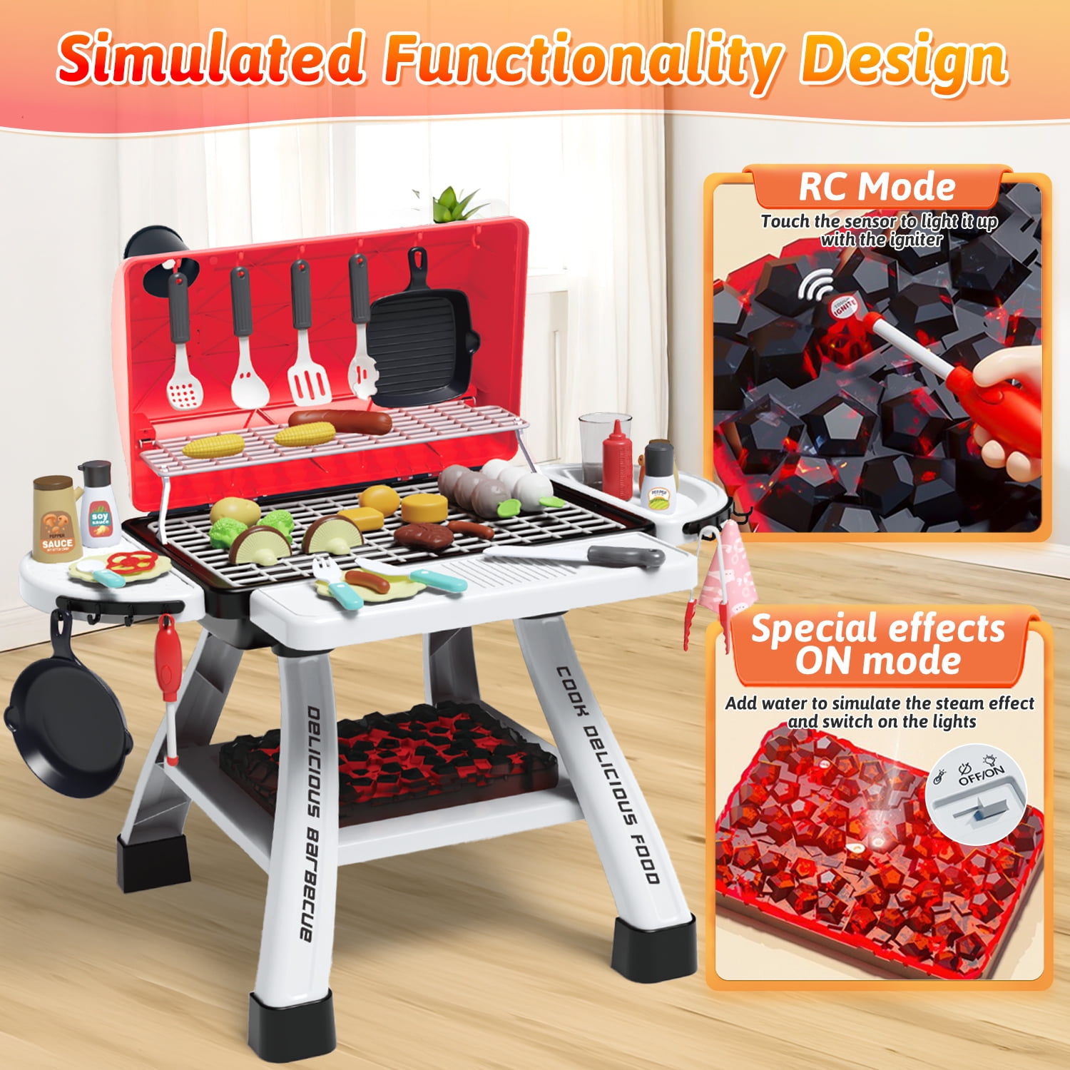 Freecat Kids BBQ Grill Set, Toddler Play Kitchen Toys for Ages 2 3 4 5 6, Toddler Outdoor Camping Cooking Set Toys, Play Food Christmas Birthday Gift. - Image 3