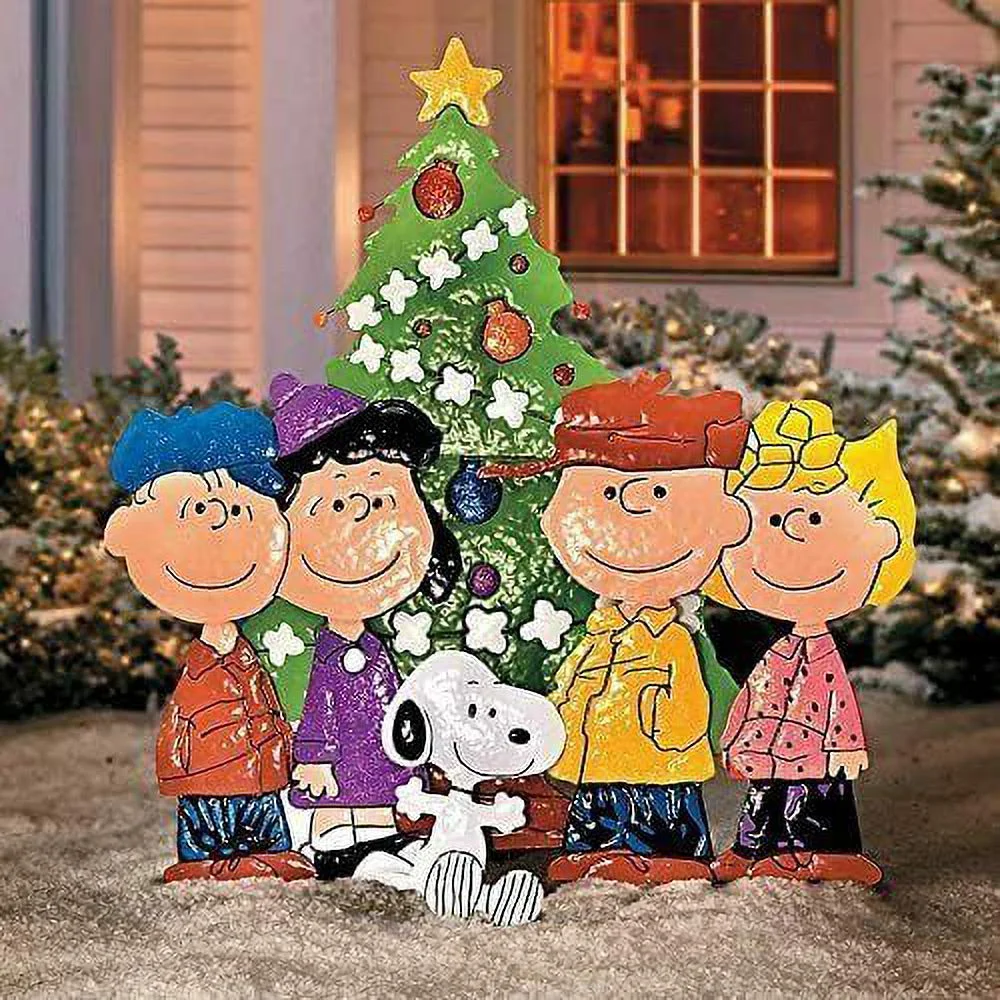 36" Peanuts Gang Around the Tree Christmas Yard Art Outdoor Christmas Decor Hammered Metal - Image 2