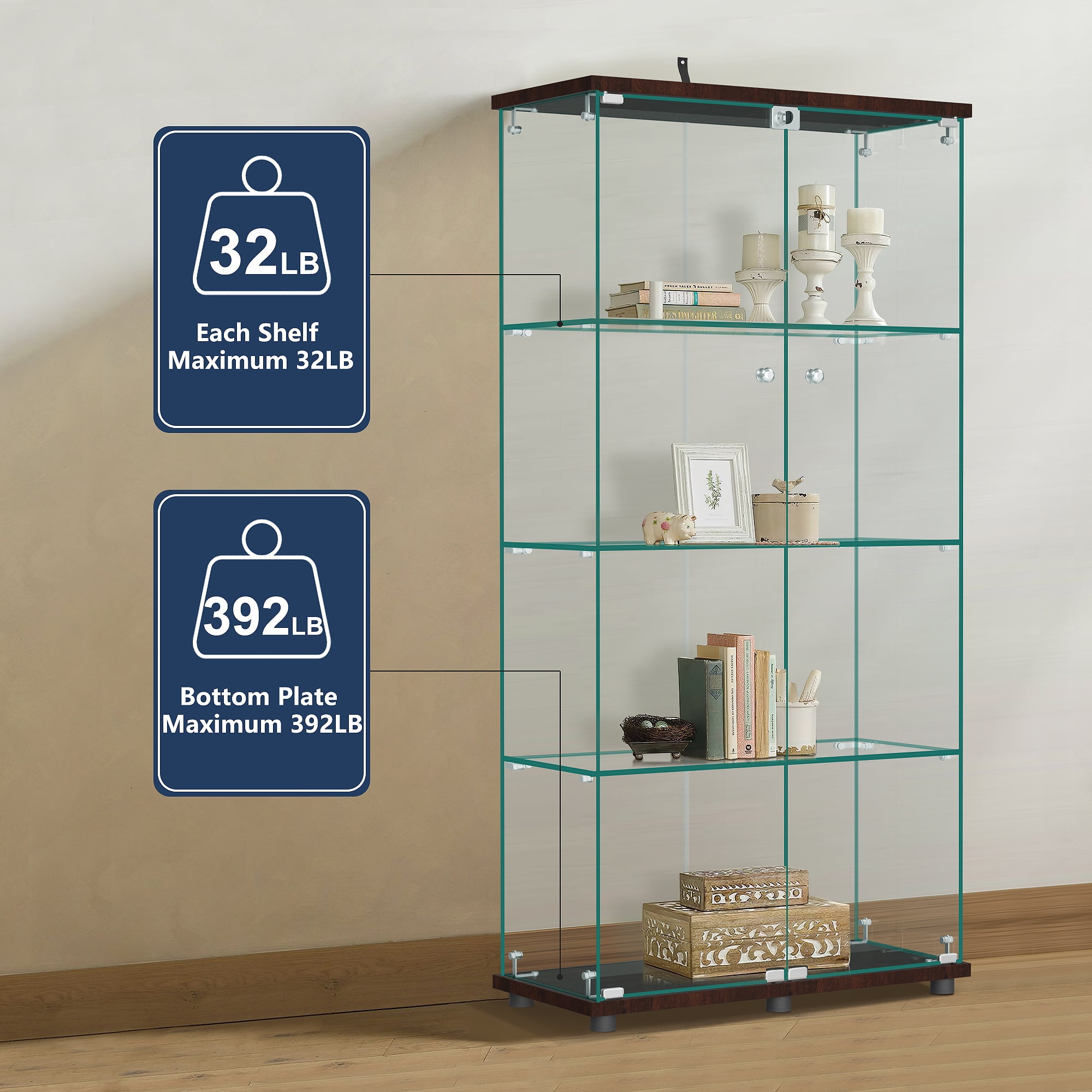 MAYEERTY Glass Display Cabinet with Double Door, 4-Tier Curio Cabinet Collection Showcase, Brown, 64.5"x32"x14.4" - Image 5
