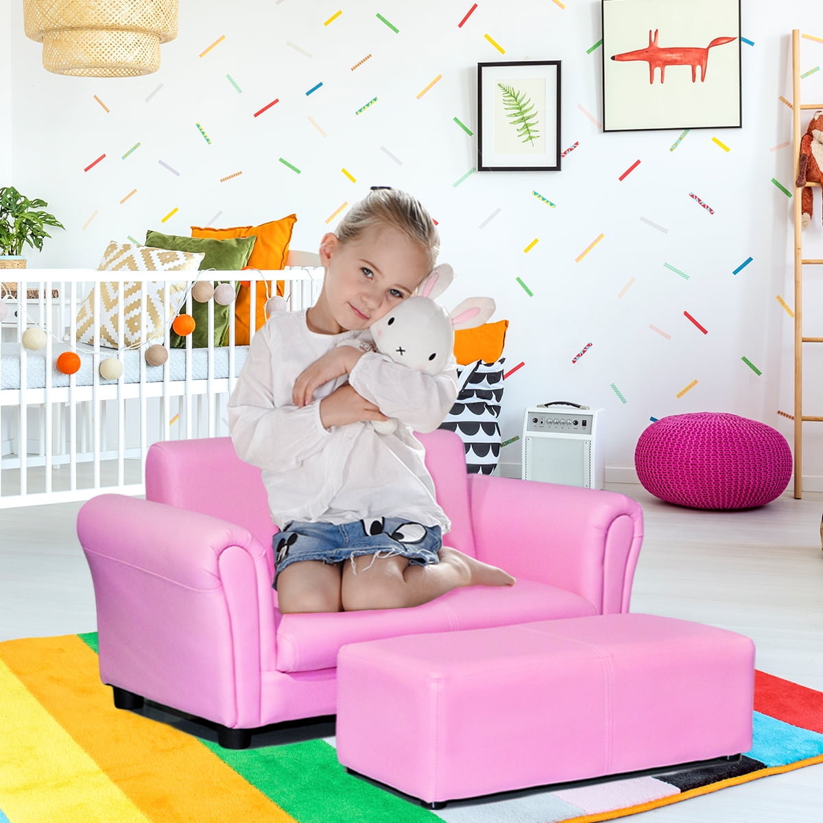 Costway Pink Kids Sofa Armrest Chair Couch Lounge Children Birthday Gift w/ Ottoman - Image 7