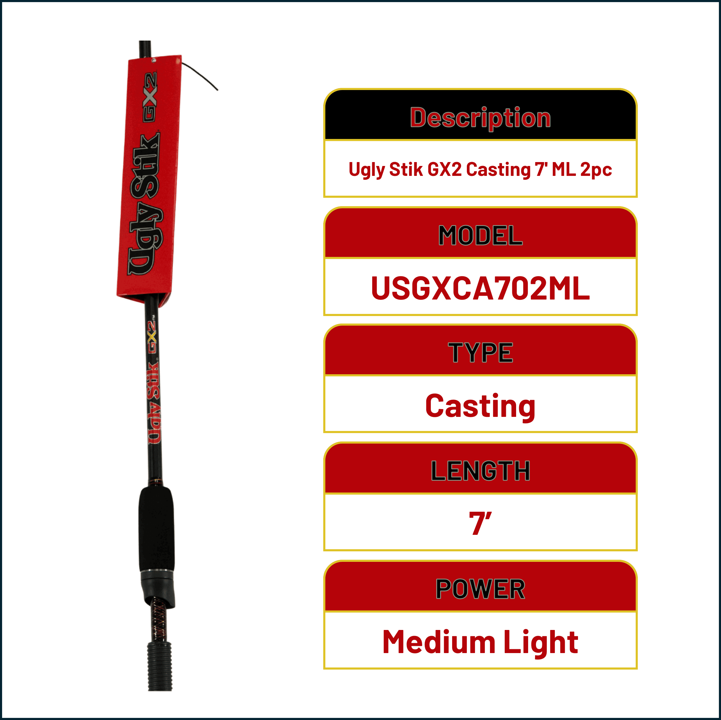 Ugly Stik GX2™ Casting Rod, 7' Medium Light Fishing Rod, 2 Piece - Image 4
