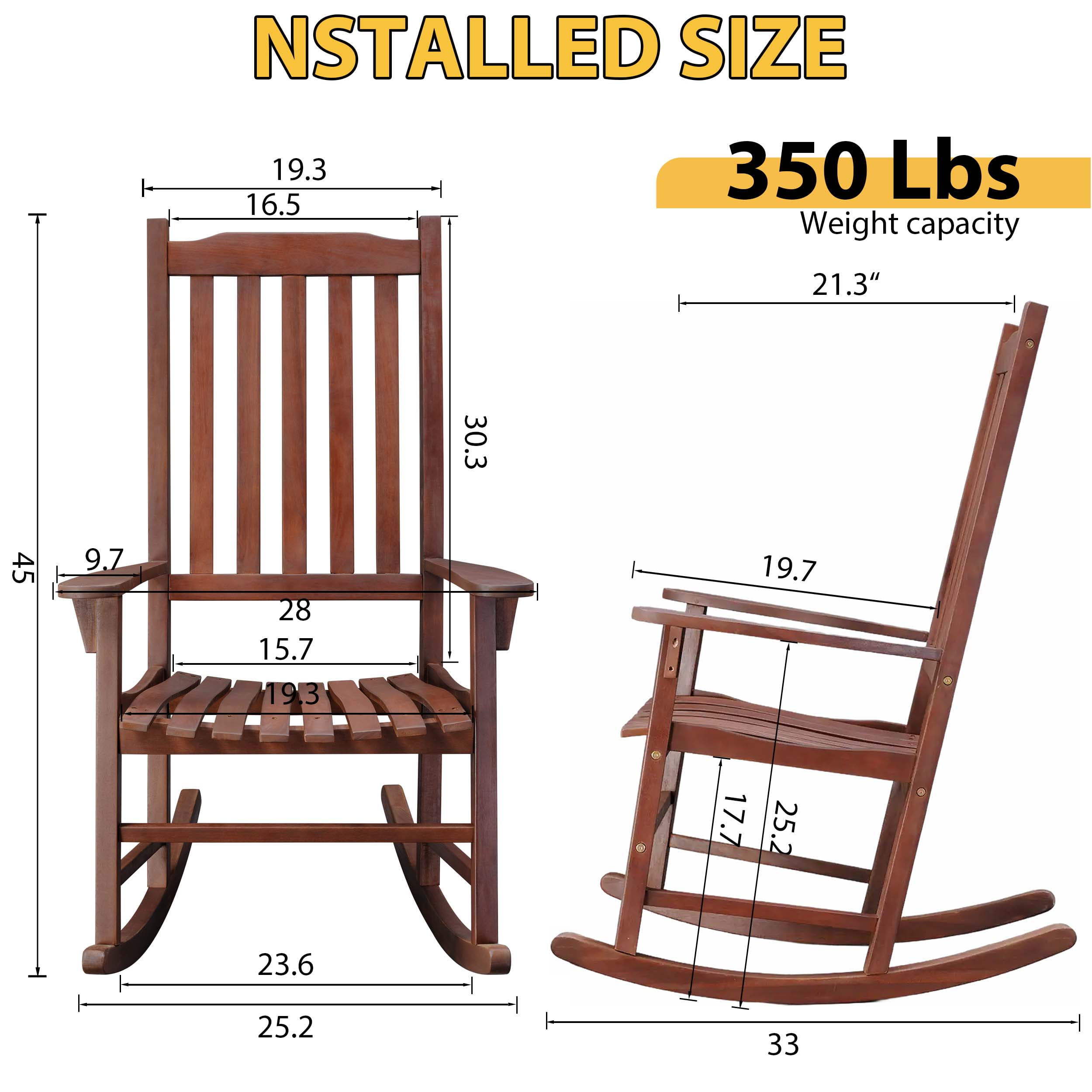 TrumanPick Outdoor Rocking Chair Wooden Porch Rocker for Adults Weather Resistant Finish, 25"W x 33"D x 45"H Brown-1Pack - Image 4