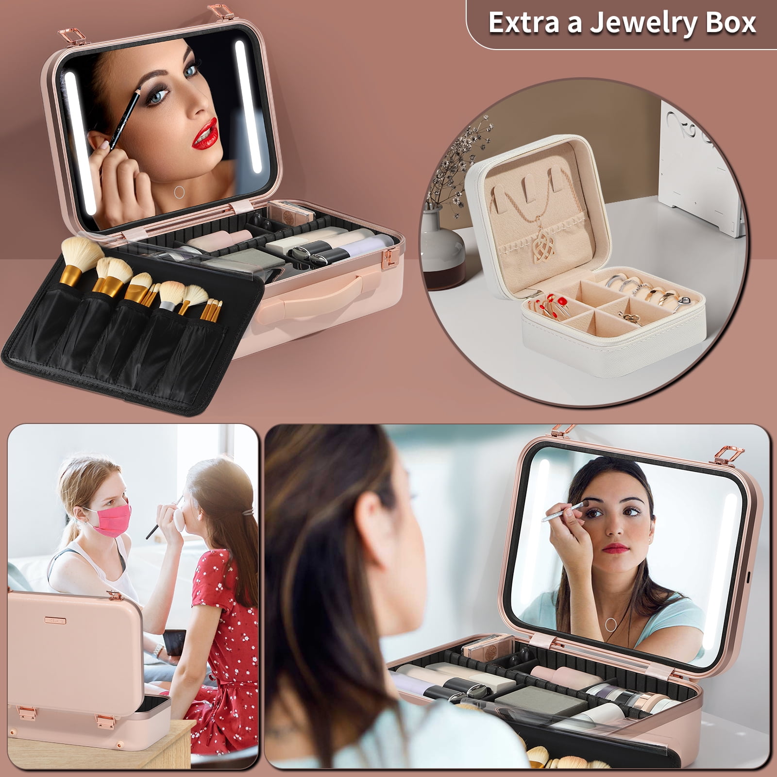 ZXMT 15" Pink Makeup Train Case with Mirror & Light & Jewelry Organizer Cosmetic Case Box with Brushes Board - Image 3