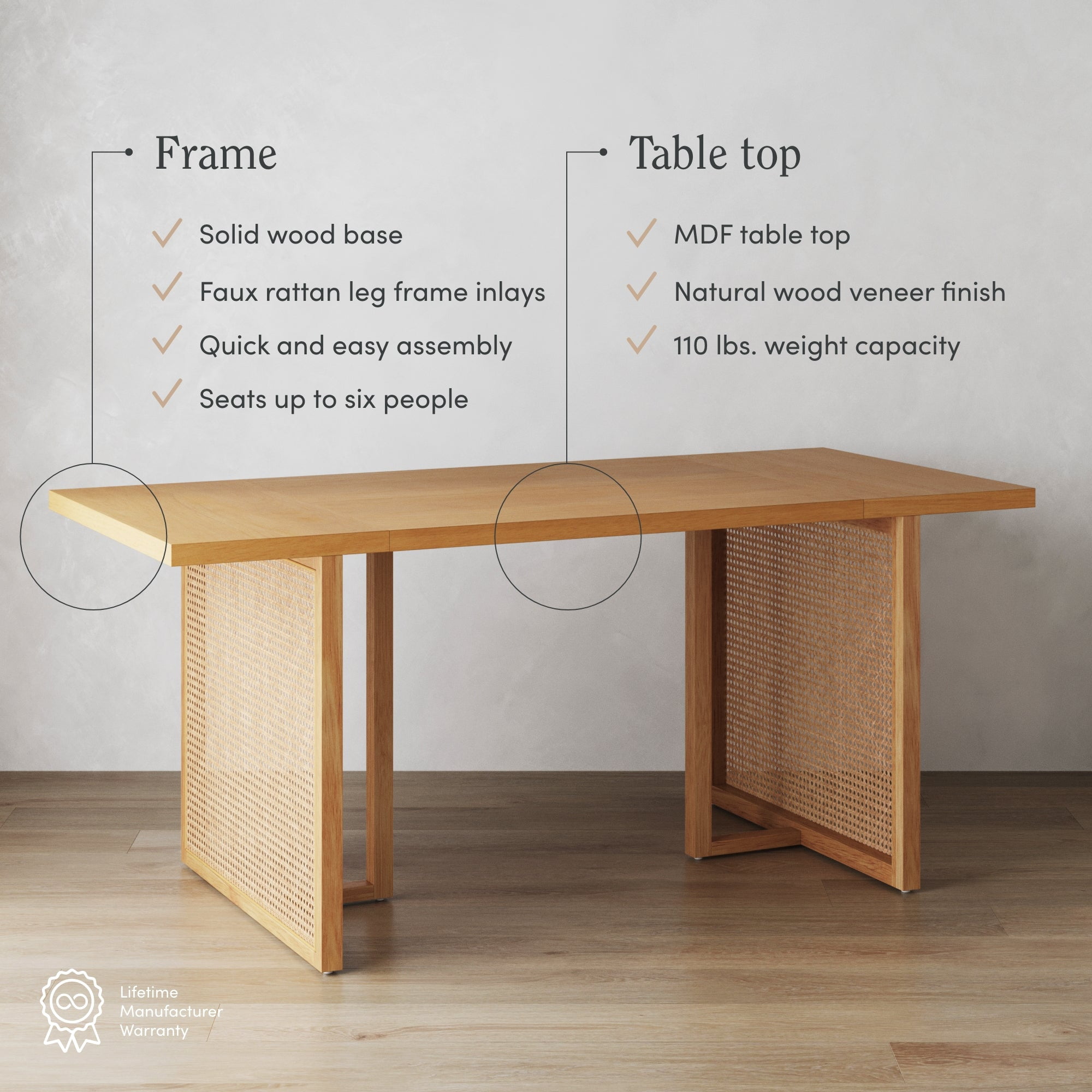 Nathan James Willow Boho Dining Table for 6 with Solid Wood Legs, 6-Person Natural Wood Dining Table, Warm Pine or Brown Dining Table with Bohemian Rattan Accent - Image 5