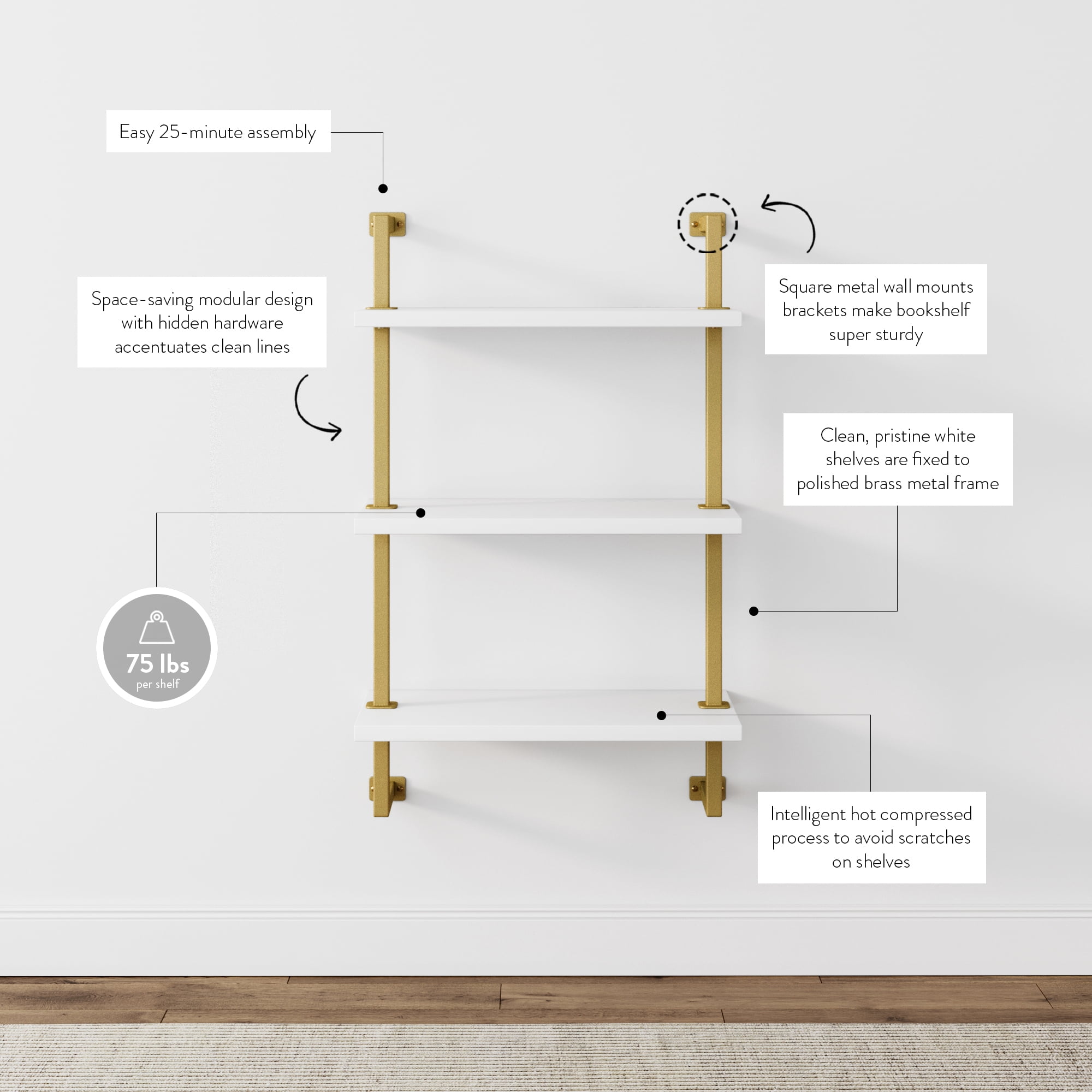 Nathan James Theo 3-Shelf Bookcase Floating Wall Mount White Wood with Gold Brass Metal Frame - Image 8