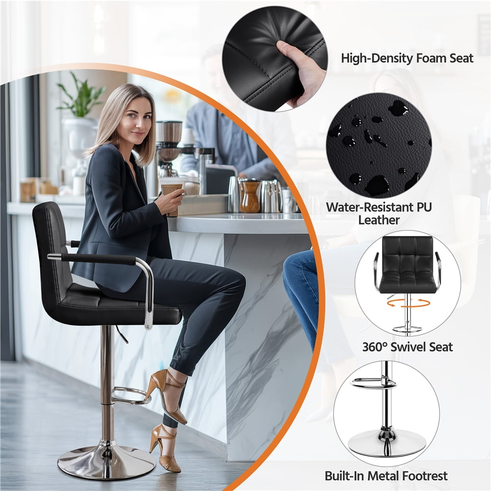 Renwick 2pcs Height Adjustable PU Leather Bar Stools for Living Room Dining Room, Black - Image 6