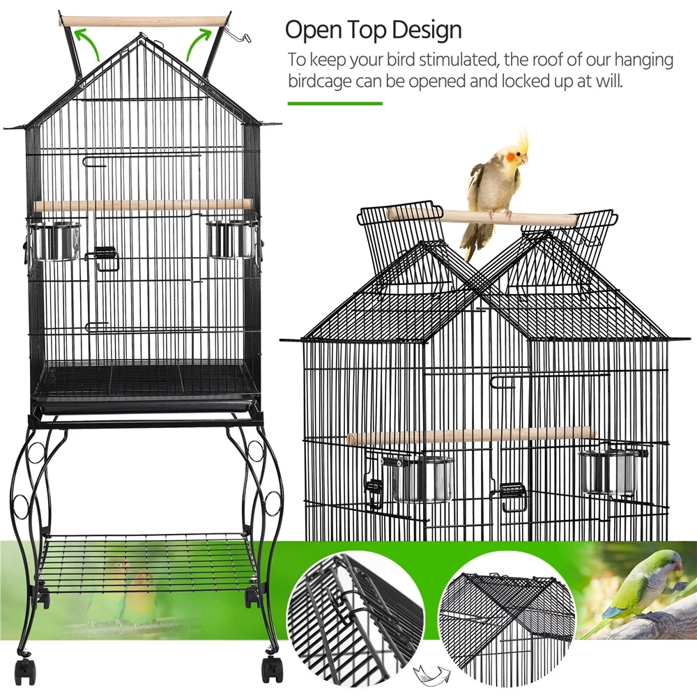 Alden Design 57" Rolling Metal Parrot Cage Bird with Open Top, Black - Image 2