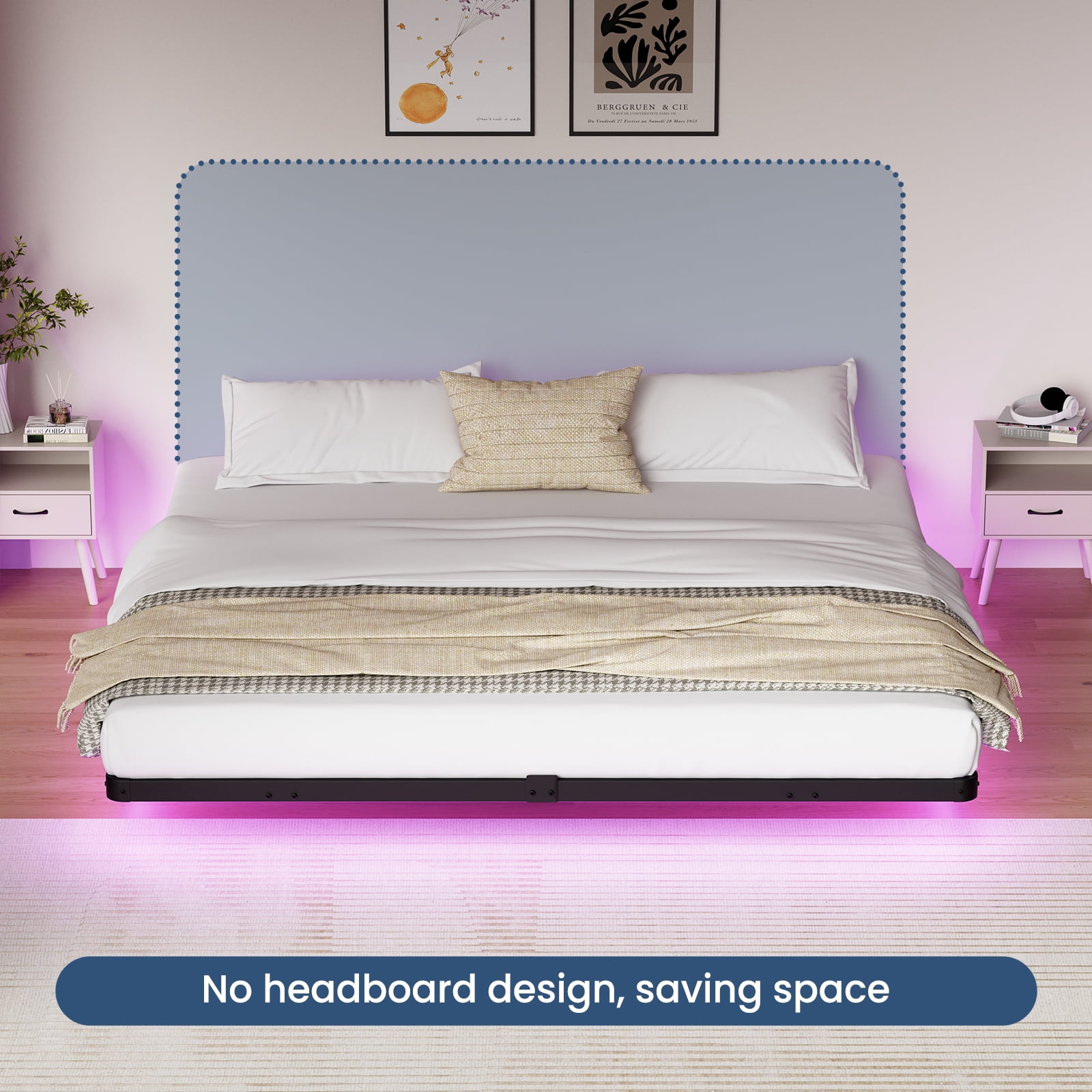 Lusimo King Size Floating Bed Frame with LED Lights Bed Storage Metal Platform Bed Frames with Steel Slat Support Anti-Slip Easy Assembly, Black - Image 2