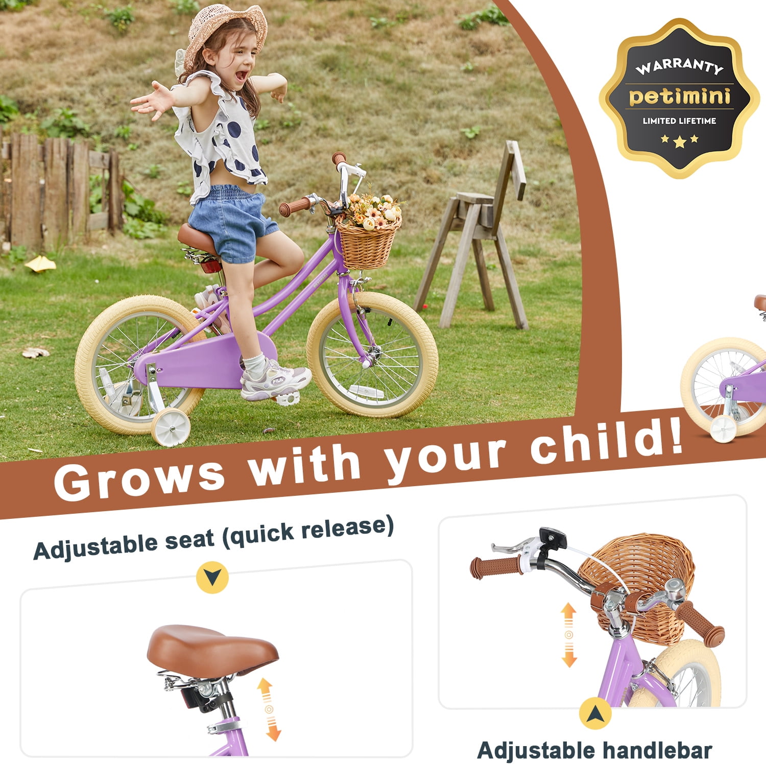 Petimini 16 Inch Kids Bike for 4 5 6 7 Years Old Little Girls Retro Vintage Style Bicycles with Training Wheels and Bell, purple - Image 6