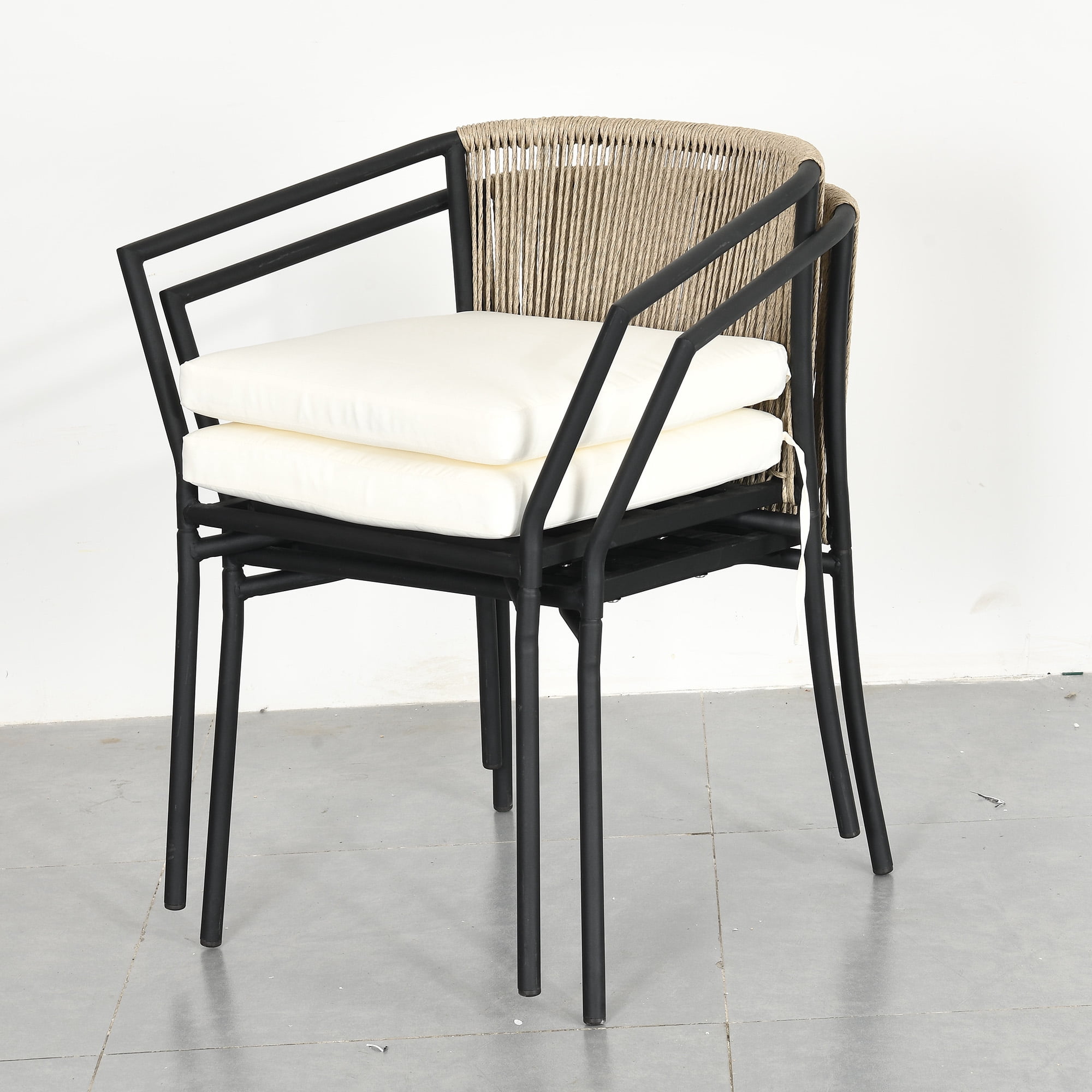 Dextrus 3-Piece Patio Conversation Bistro Set, Outdoor Wicker Dining Table Chairs Set, With 2 Stackable Chairs, Cushions, Side Table - Beige - Image 4