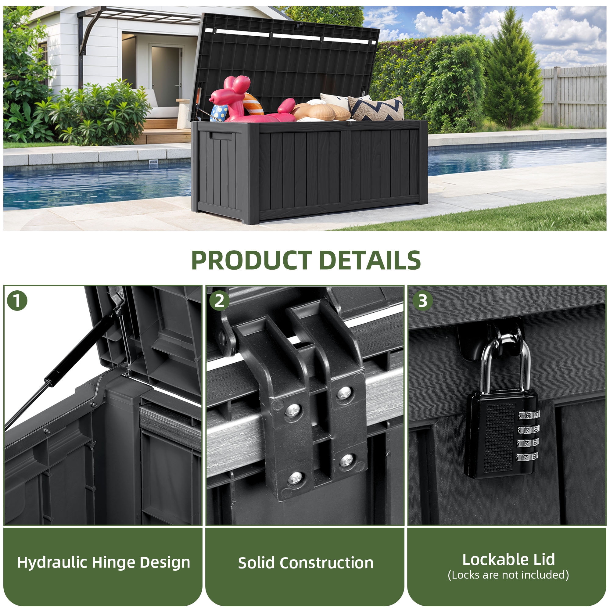 Dextrus Outdoor 120 Gallon Resin Deck Box, Dark Grey - Image 6