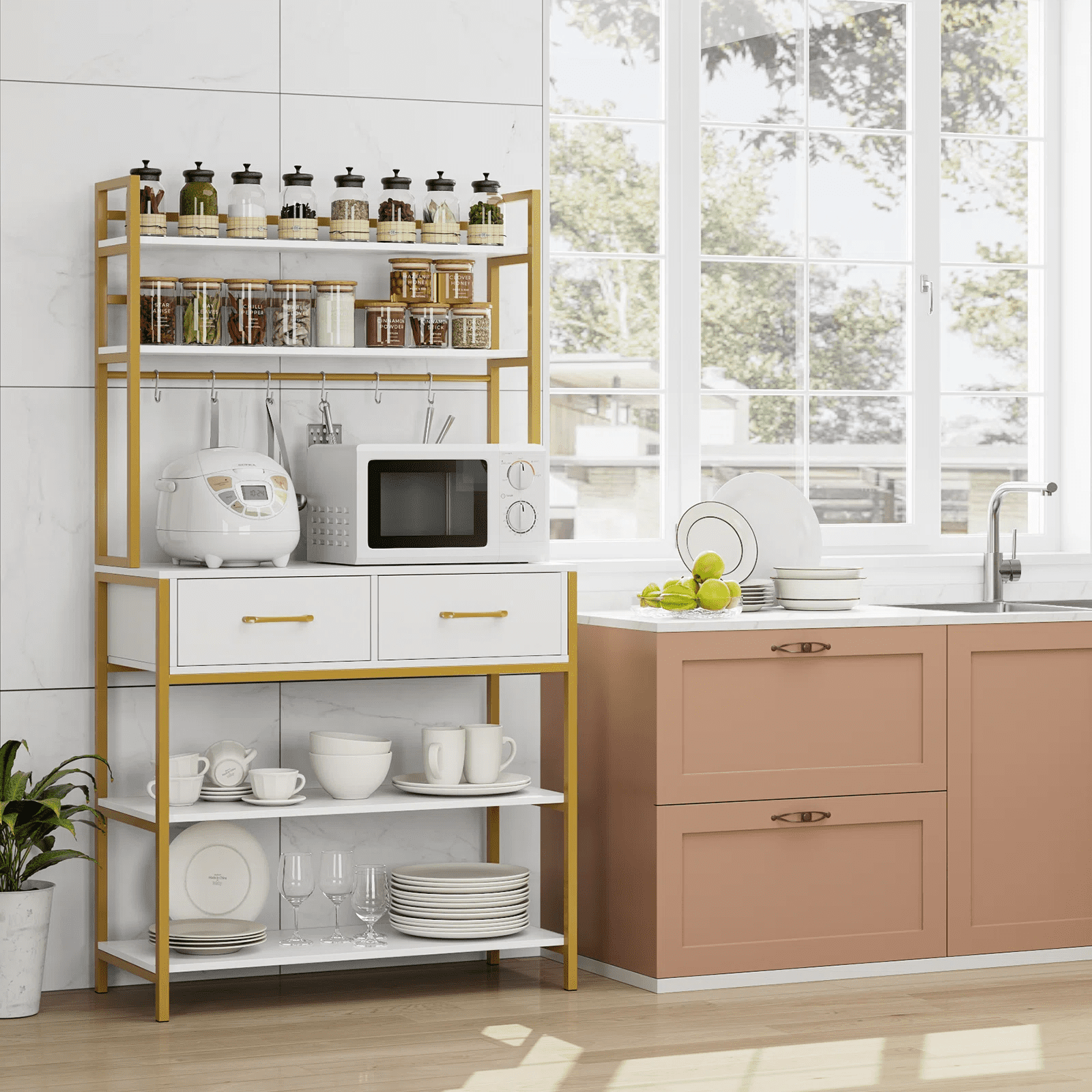 Homfa Gold Ladder Shelf with 2 Drawer, 5 Tier White Standard Bookcase for Homfa Office, Backer Racks for Kitchen - Image 2