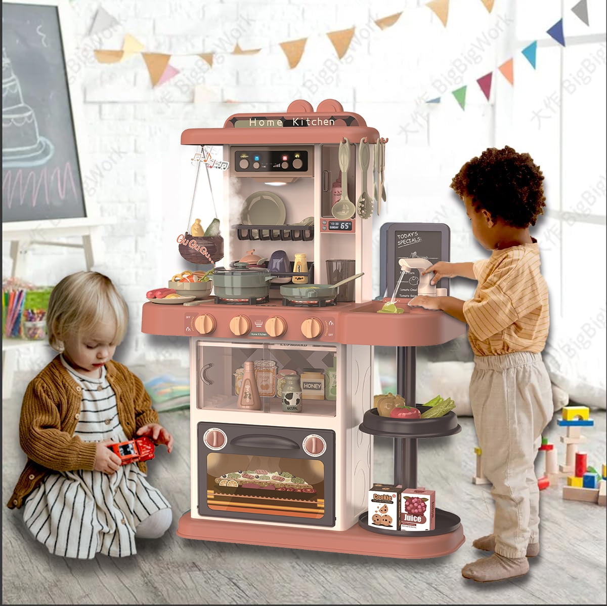 PayUSD 28.3" Kids Play Kitchen Playset for Toddlers with Realistic Sounds and Lights 43 Pcs Pretend Play Toy Set with Simulation of Spray Kids Kitchen Toys for Boys Girls Christmas Birthday, Orange - Image 9