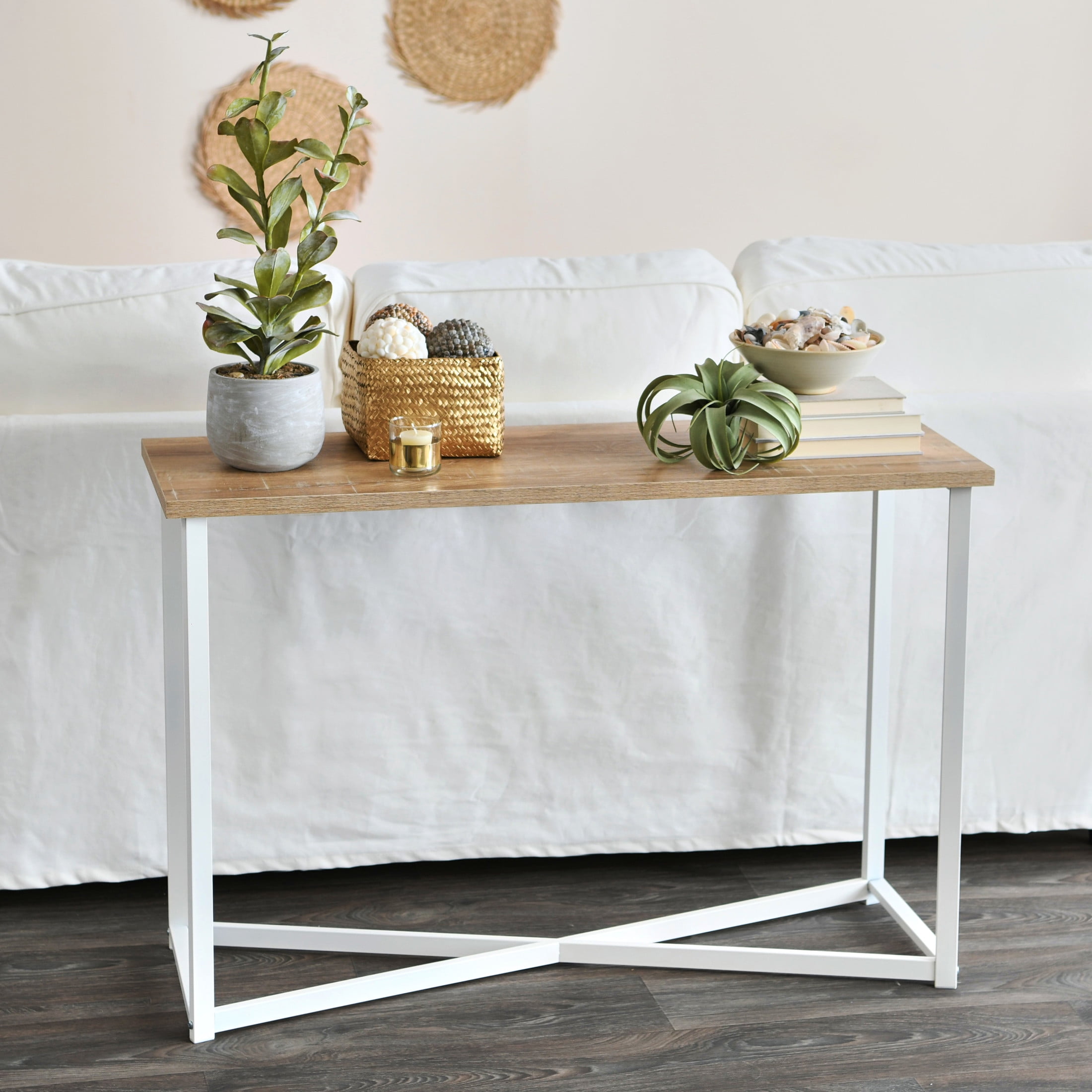 Household Essentials Jamestown Console Sofa Table Coastal Oak Rustic Wood Grain and White Metal - Image 7