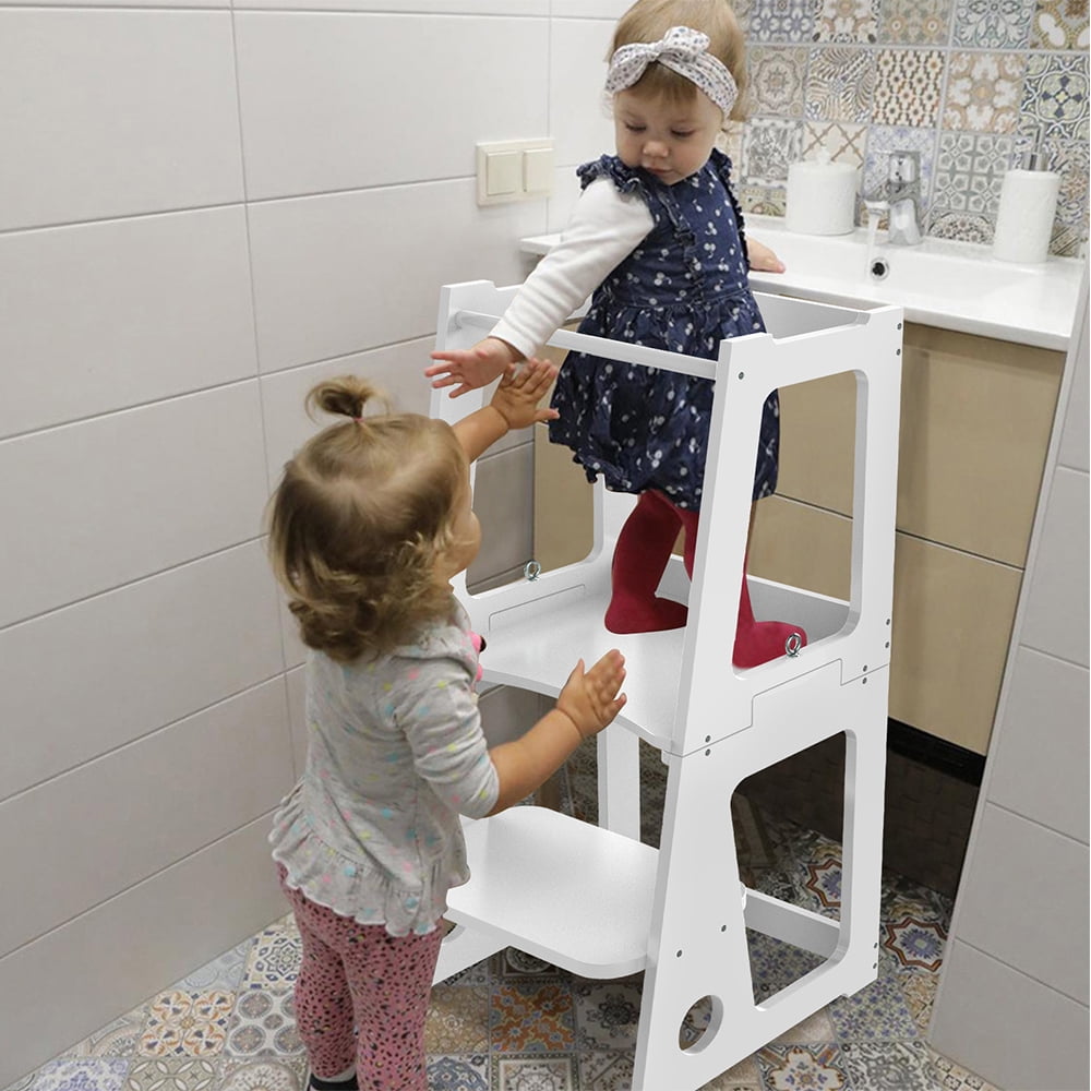 Zzbiqs Kids Kitchen Step Stool with Safety Rail, 2 in 1 Convertible Wooden Toddler Learning Stool Helper Standing Tower for Kitchen Counter, Bathroom, Toilet , White - Image 3