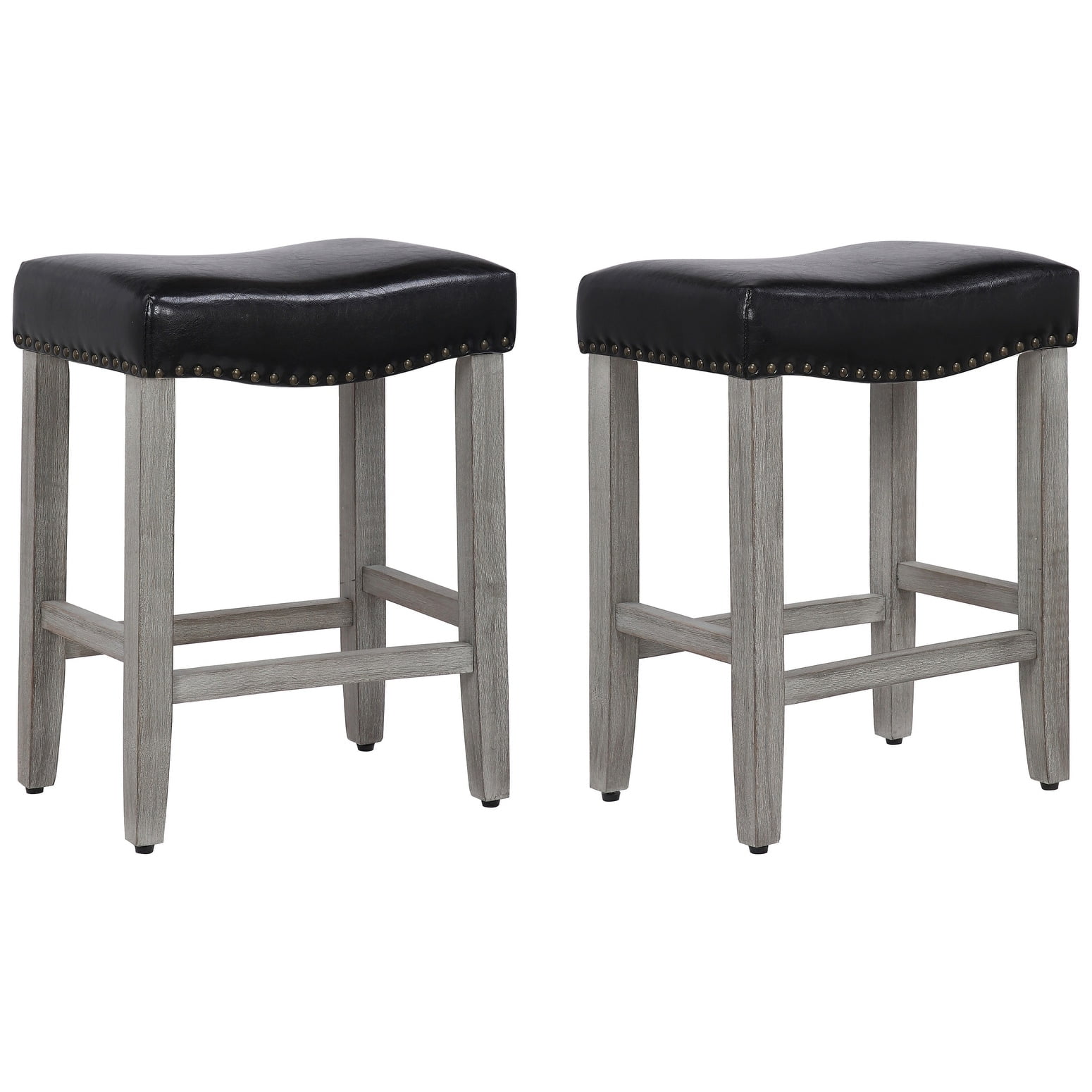 24" Inch Upholstered Saddle Seat Bar Stool (Set of 2), Antique Gray/Leather - Image 4