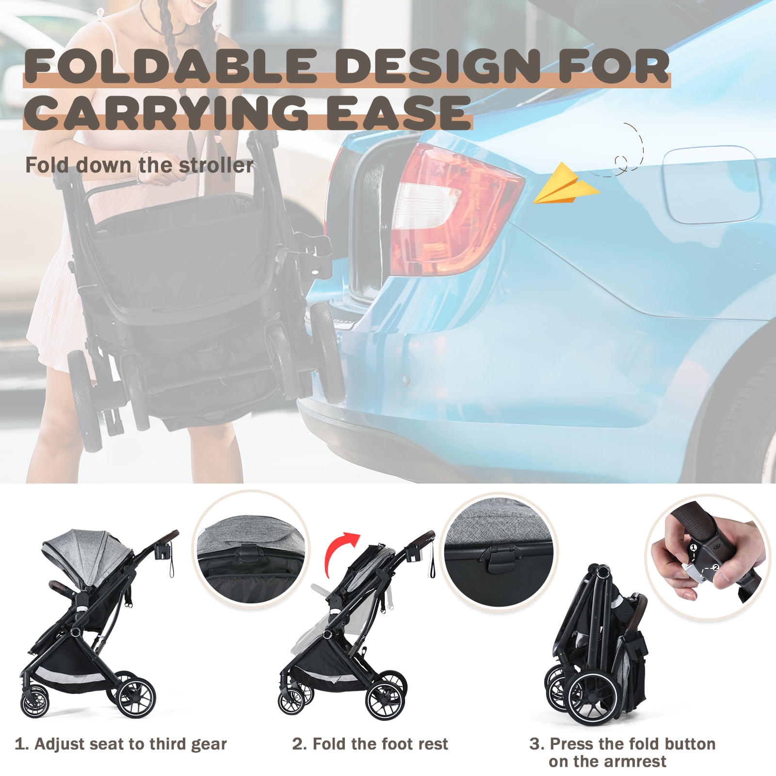AILEEKISS Baby Stroller, 3 in 1 Stroller for Newborn, Folding Infant Pushchair, 22LB, Grey - Image 6