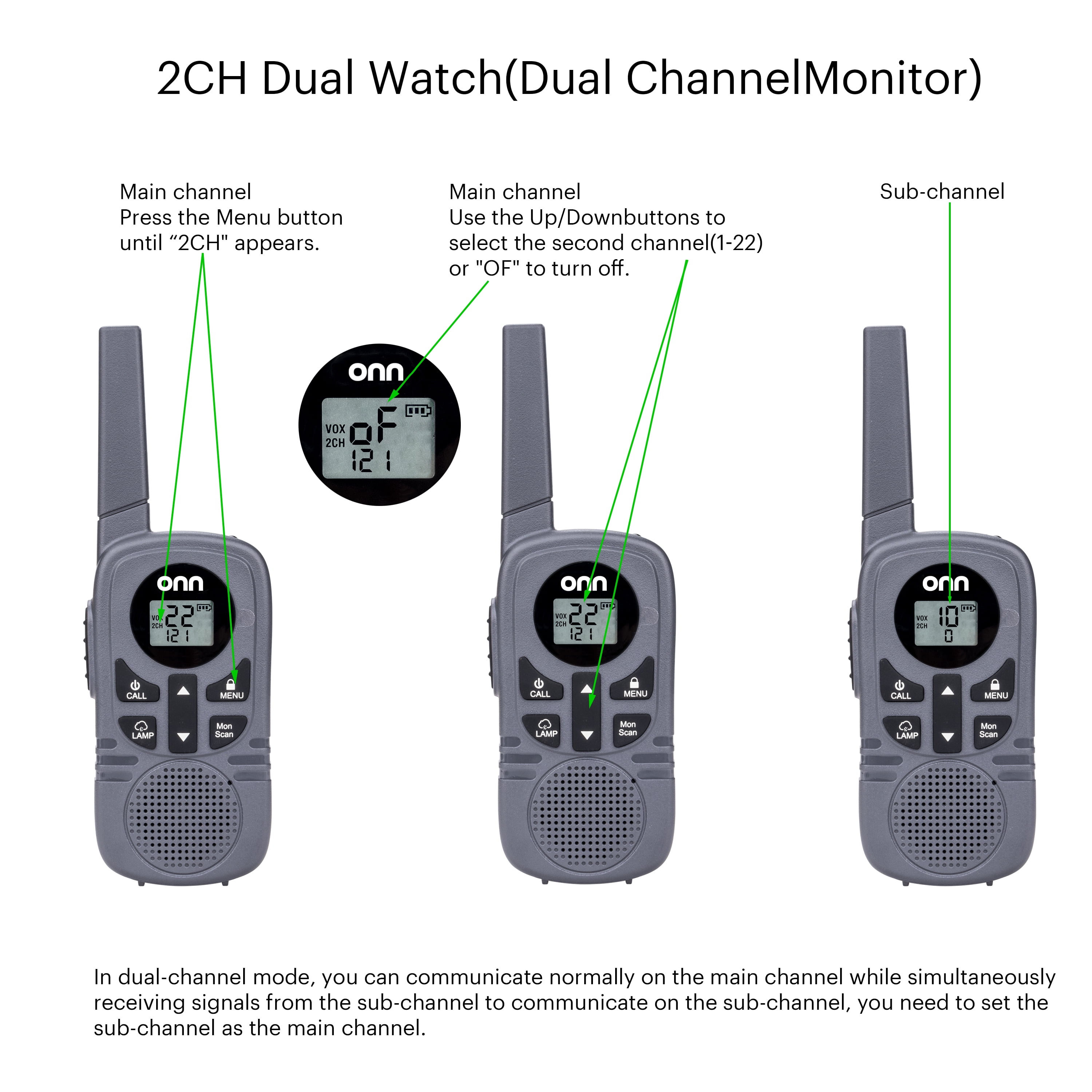 onn 23 Mile Range Walkie Talkies with Two Way Radios, LED Light and 22 FRS Channel Options, 3 Count - Image 4
