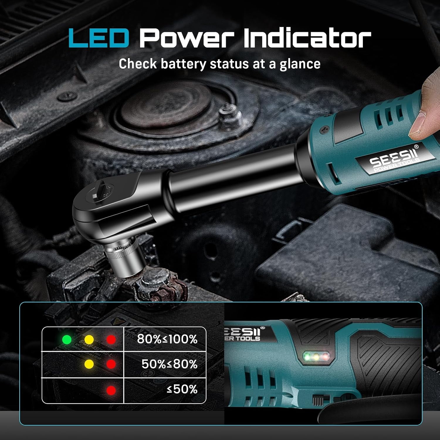 Seesii 3/8" Cordless Ratchet Wrench, 40Ft-lbs (54N.m) 220RPM Light Weight Powered Electric Ratchet, 6" Extended Long Neck with Built-in LED, 2x 2.0Ah Batteries, 7x Sockets(10/11/12/13/14/15/17mm) - Image 8
