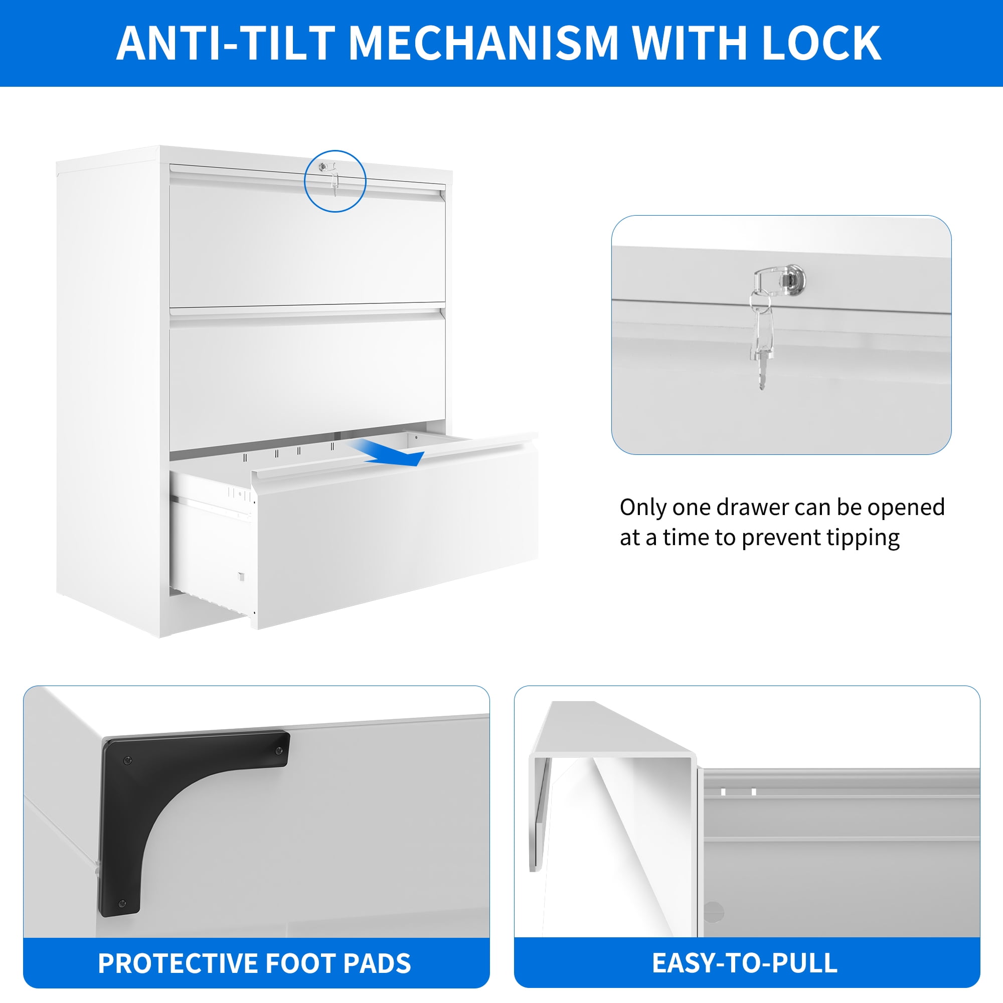 Dextrus 3-Drawer Lateral File Cabinet with Lock, White, 1 Pack - Image 3