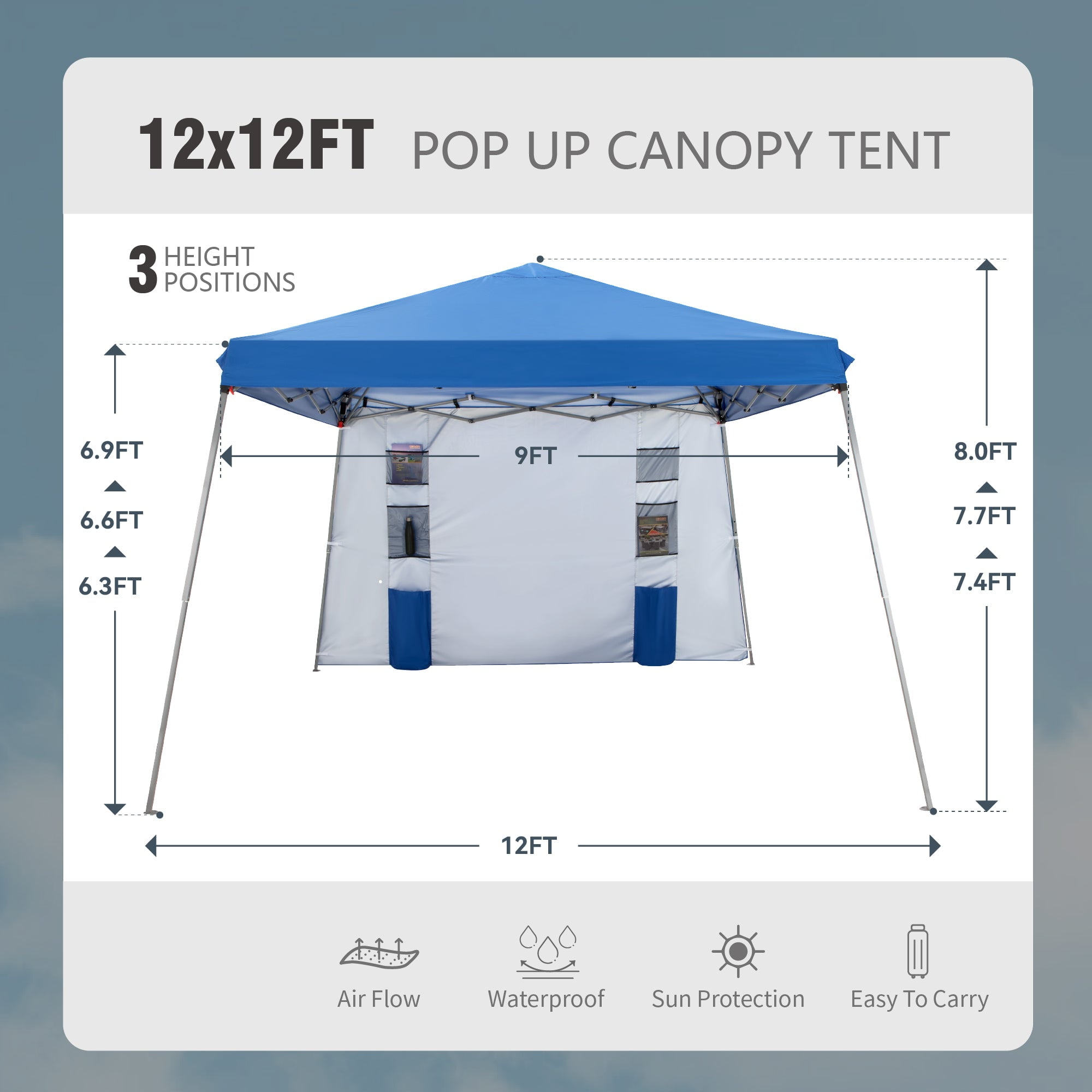 Alpha Joy 12' W x 12' D Pop-up Canopy Blue Slant Leg Outdoor Canopy Instant Canopy Tent with Side Wall - Image 4