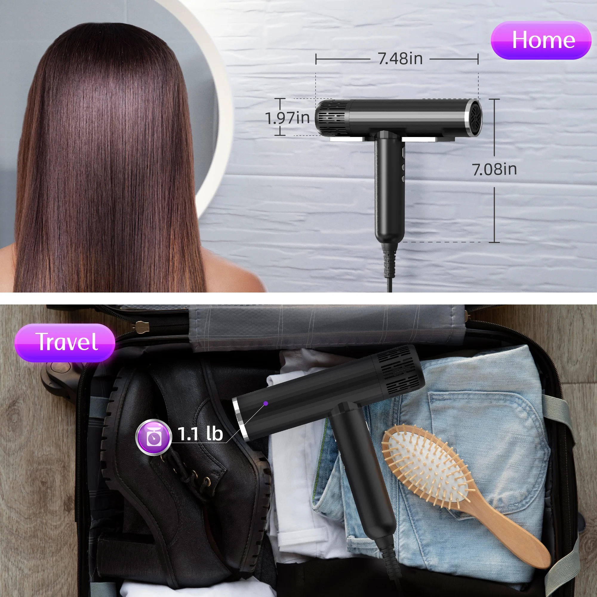 SKIMI Ionic Hair Dryer, Black Blow Dryer, High Speed Hair Dryer with Diffuser, Negative Ionic - Image 8