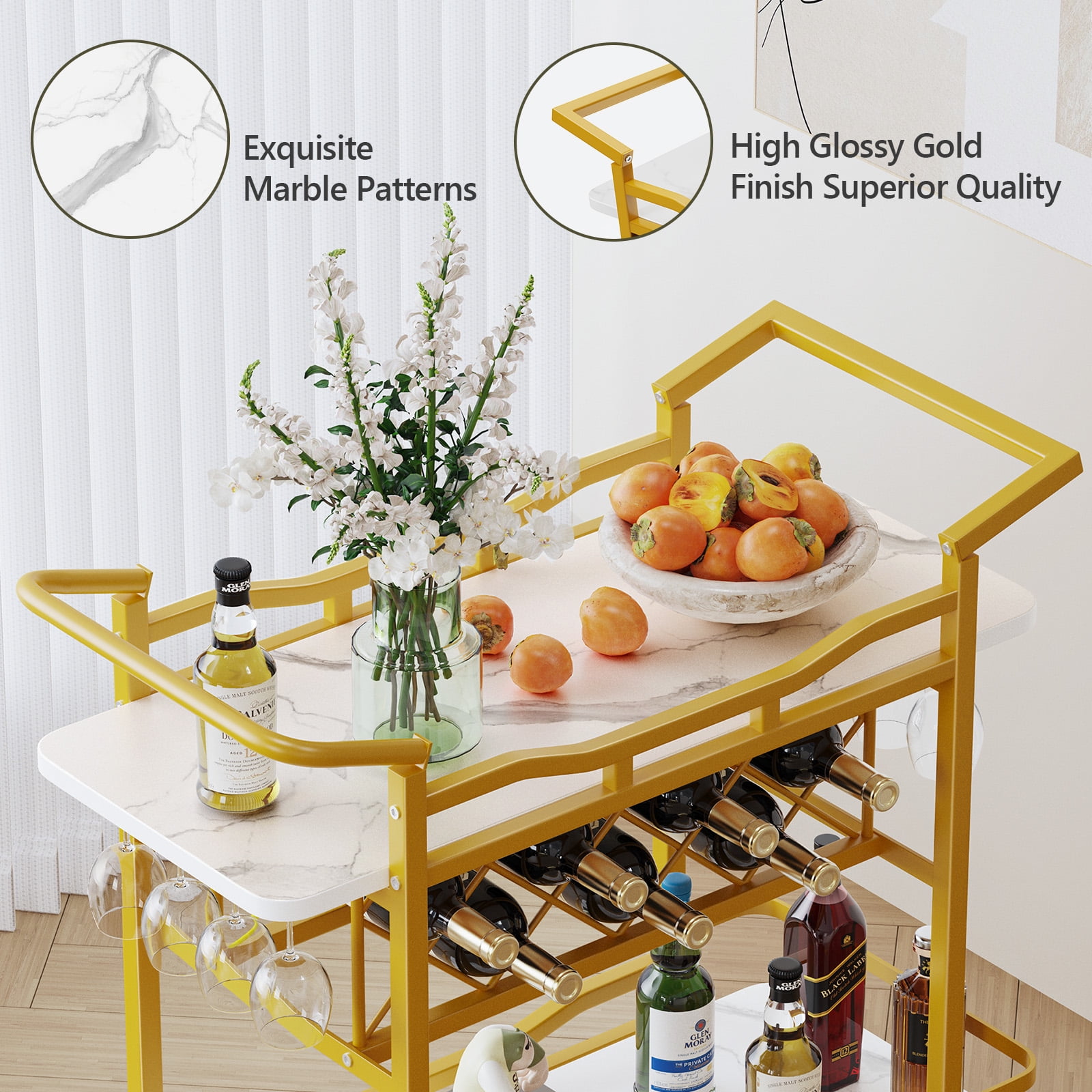 Kalrin Rolling Bar Cart with Wheels, Beverage Serving Cart with Wine Racks and Glasses Holder, Coffee Bar Cart for The Home, Party - Image 5