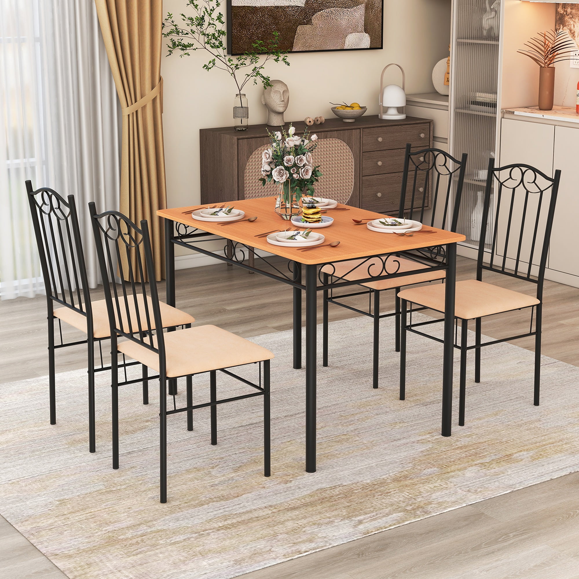 Costway 5 PCS Dining Set Wood Metal 30" Table & 4 Chairs Upholstered Kitchen Breakfast Furniture - Image 4