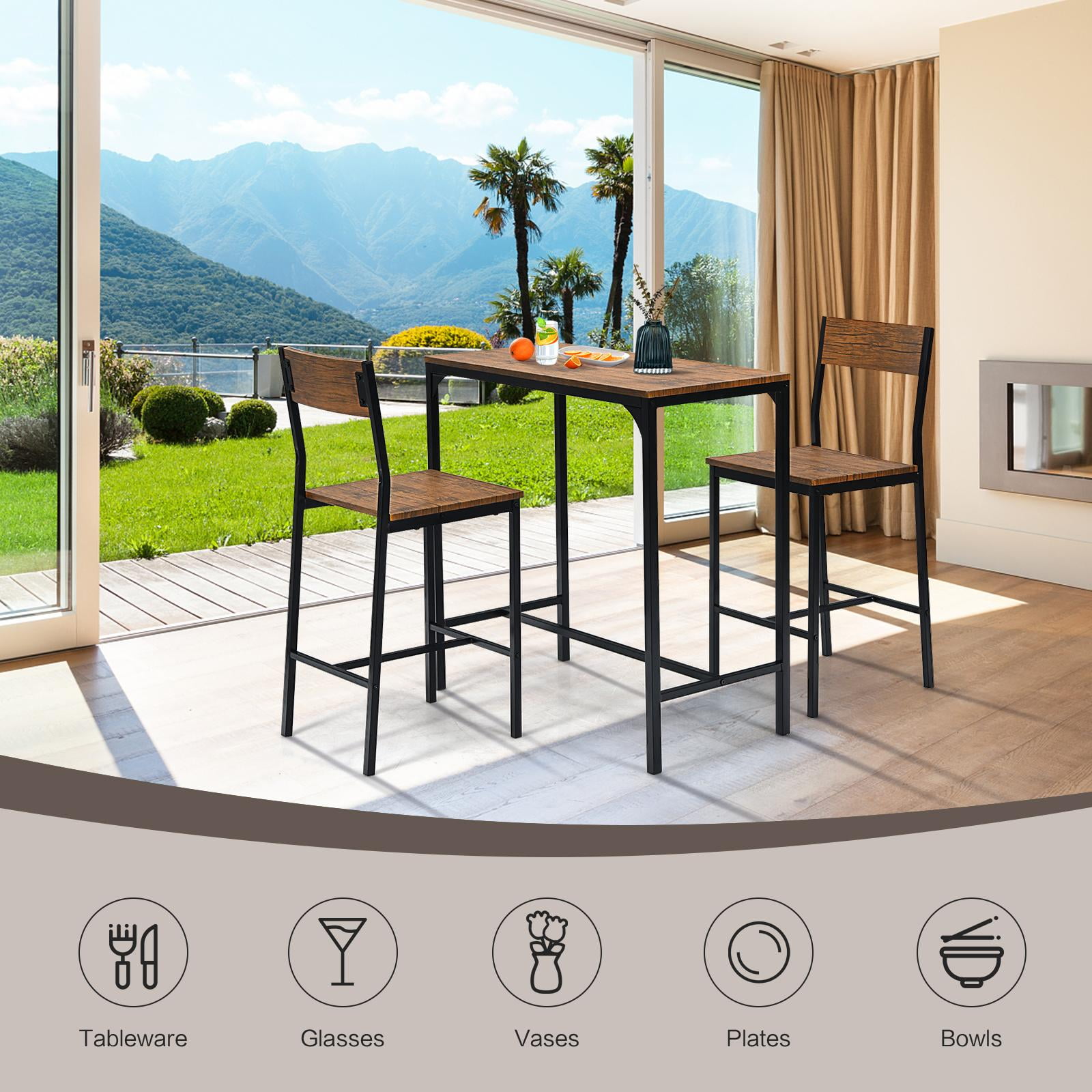 Giantex 3 Pieces Bar Table Set, Pub Table Set, Modern Industrial-style Table & Chair Set for Kitchen, Dining Room, Easy Assembly - Image 3