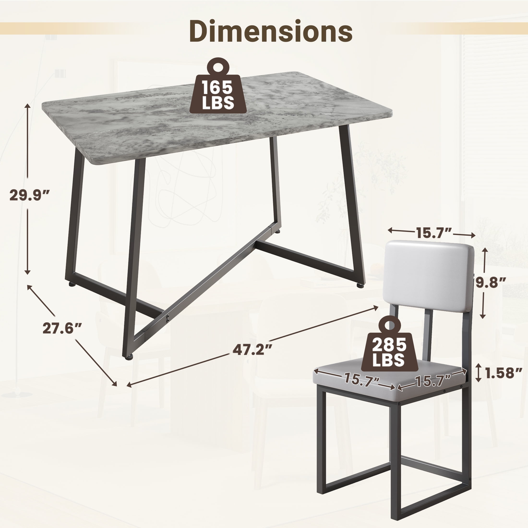 PORKISS 5 Piece Dining Table and Chair Set, Kitchen Dining Room Table Set with Faux Marble Table PU Leather Chairs, Rectangle Dining Table Set for 4, Dinette Set for Small Space, Gray + Black - Image 12