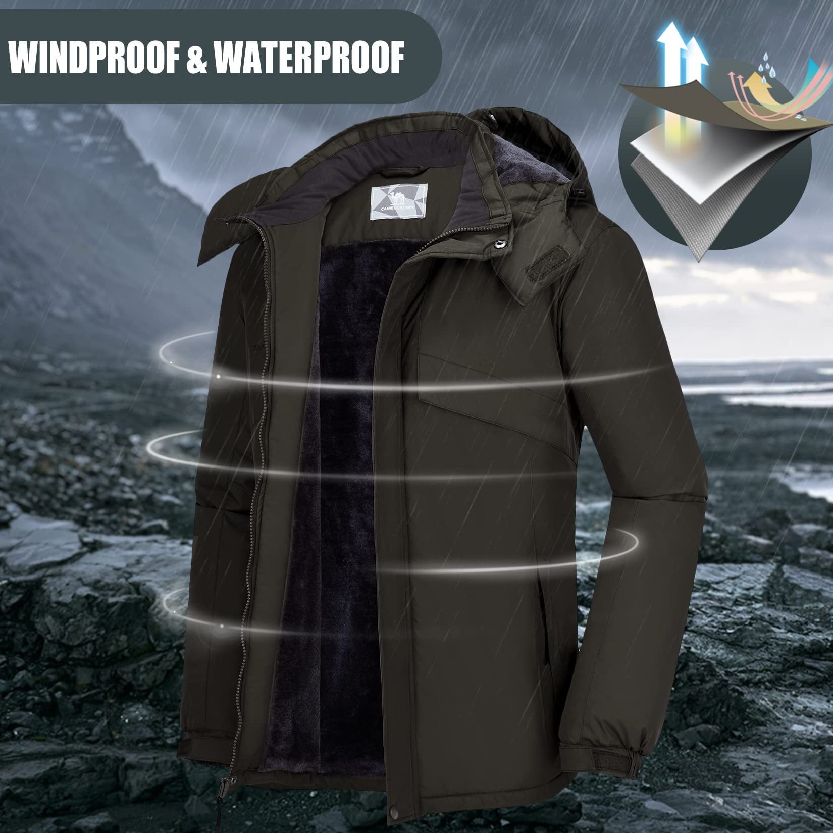 CAMEL CROWN Men's Waterproof Ski Jacket Warm Winter Snow Coat Mountain Windbreaker Hooded Raincoat - Image 5