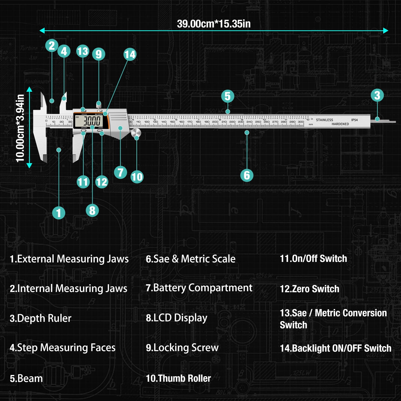 Raynesys Digital Caliper,12 inch 300mm Micrometer Caliper Measuring Tool Stainless Steel Electronic Diameter Digital Caliper Tool with Large LCD Screen - Image 3