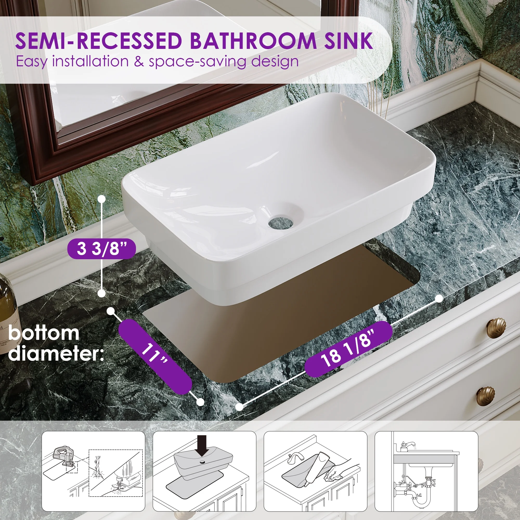 DV-1V0047 DeerValley Ally 19'' x 12'' Drop-In Bathroom Sink Semi-Recessed Vessel Sink Rectangular Above Counter Basin - Image 12